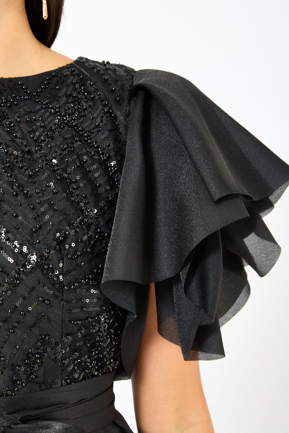 Ruffle Layer Overlay Embellished Gown