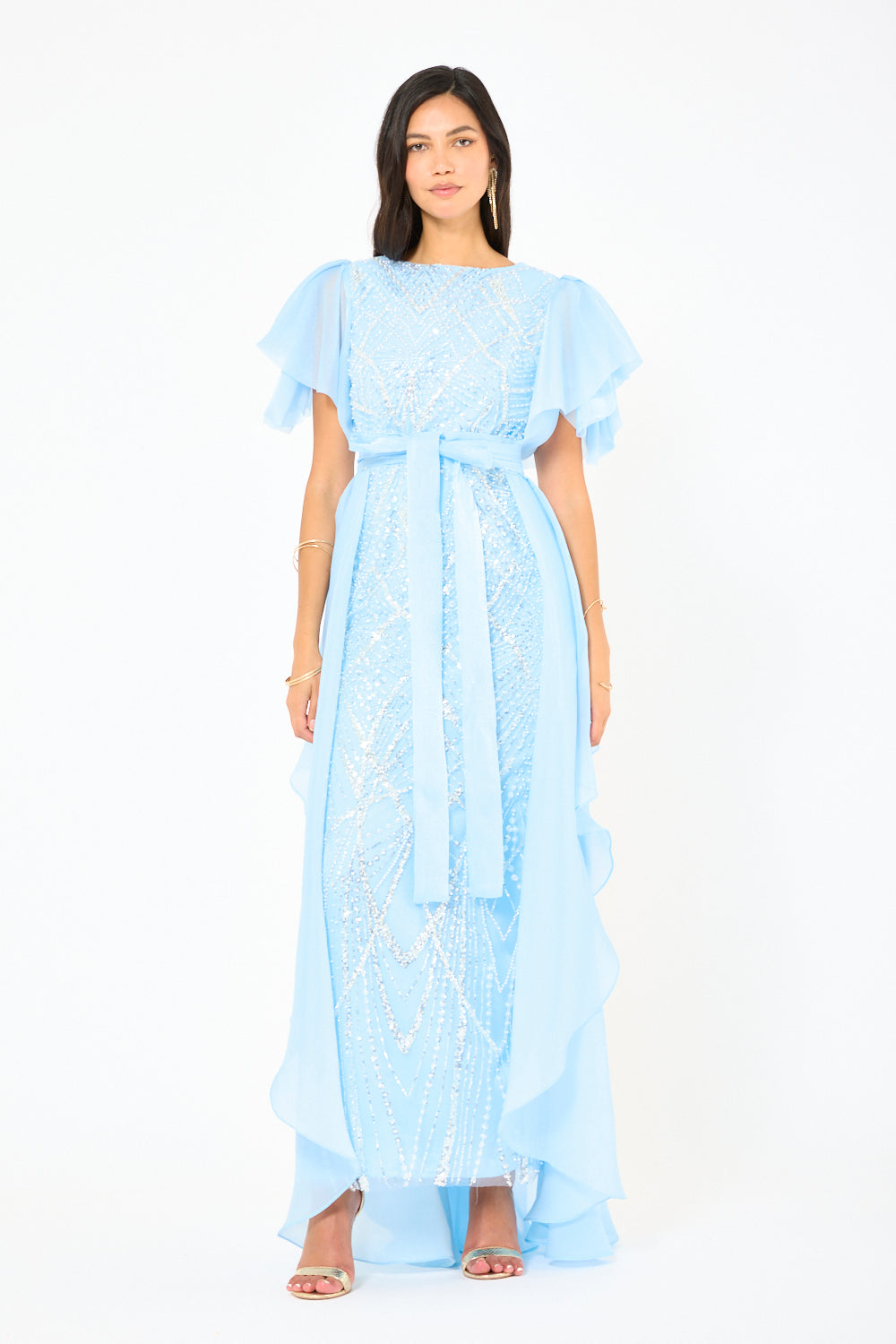 Ruffle Layer Overlay Embellished Gown