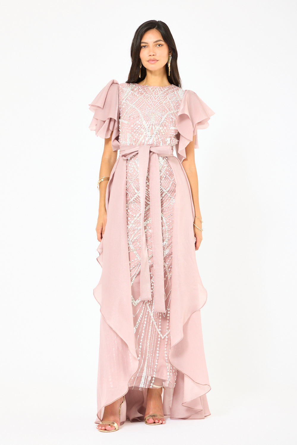 Ruffle Layer Overlay Embellished Gown