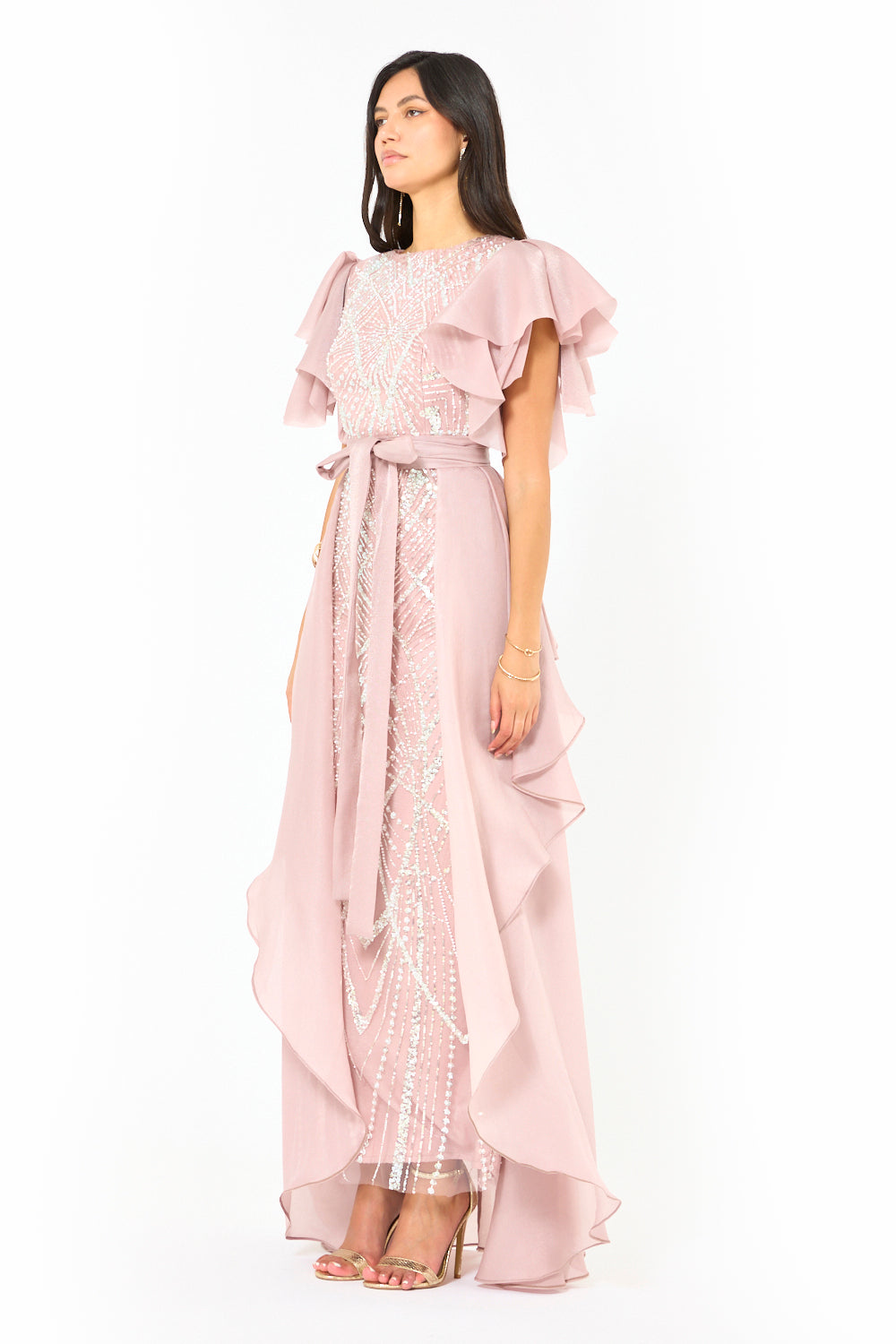 Ruffle Layer Overlay Embellished Gown