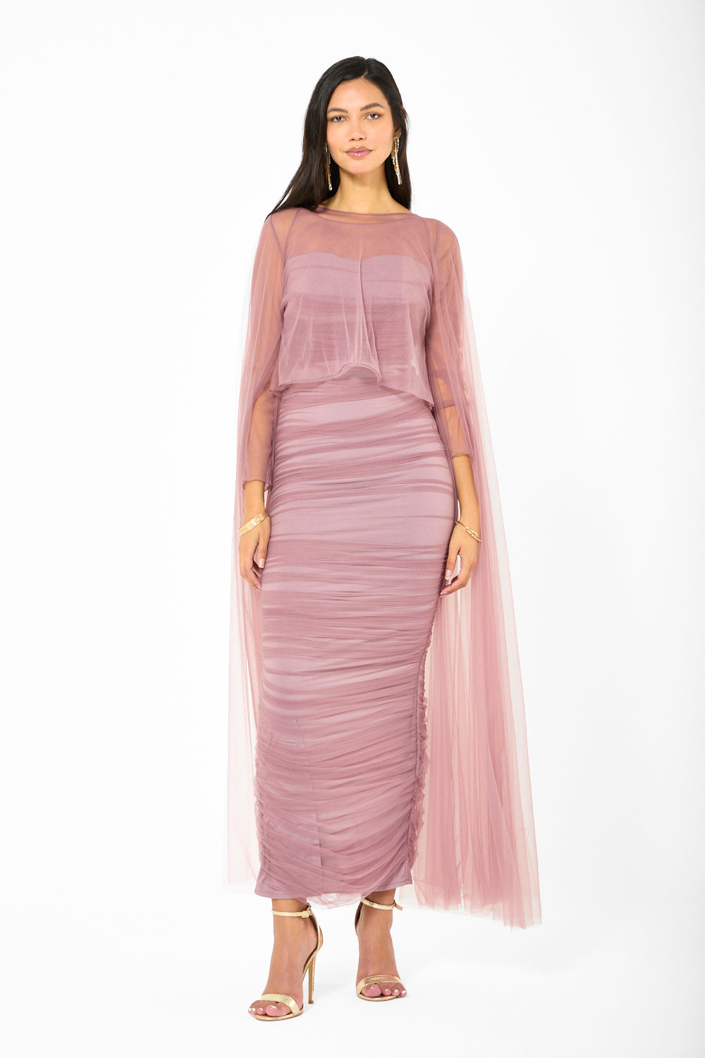 Ruched Sheer Cape Column