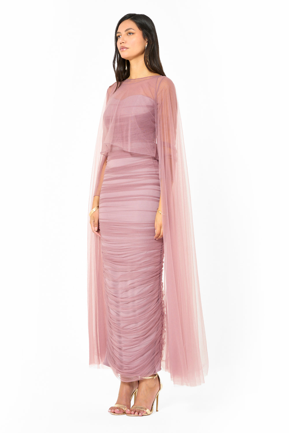 Ruched Sheer Cape Column