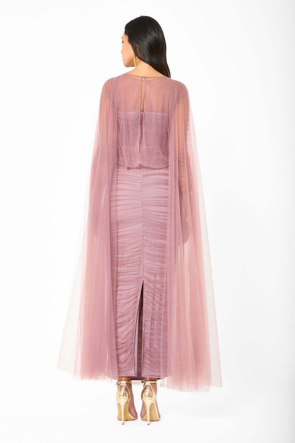 Ruched Sheer Cape Column