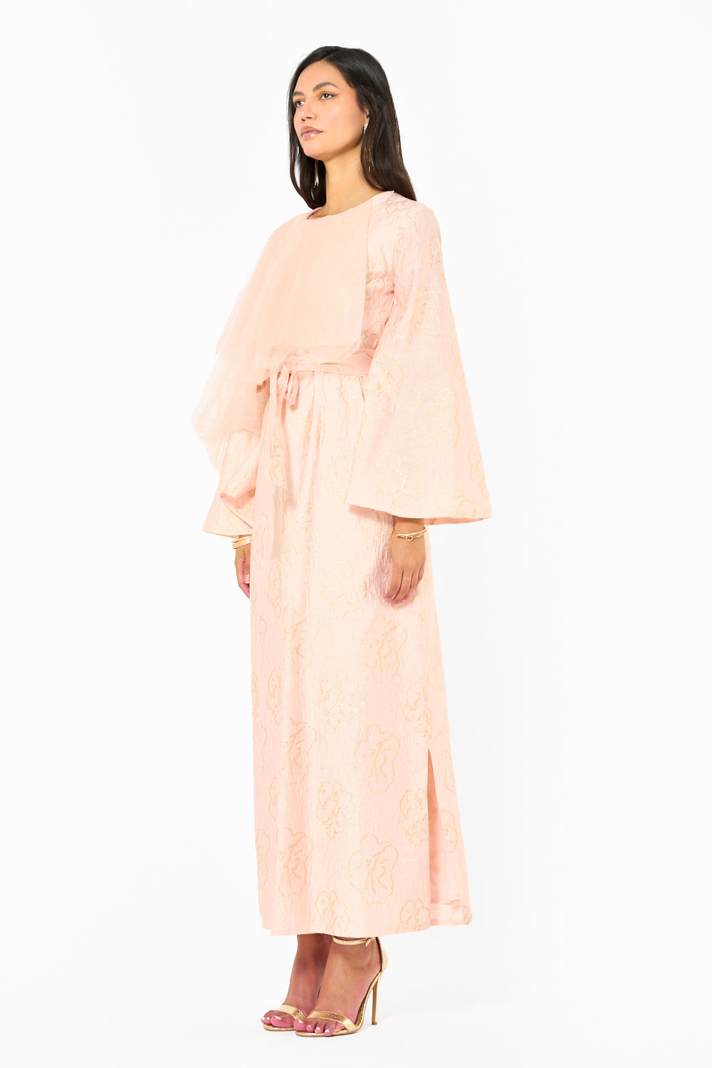 Floral Overlay Asymmetric Cape Dress