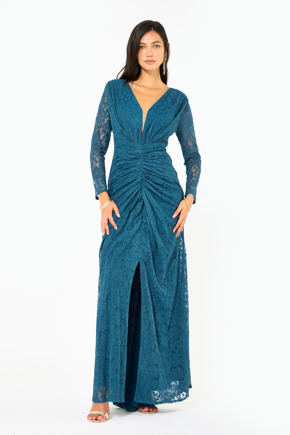 Ruched Lace Deep V Column Dress