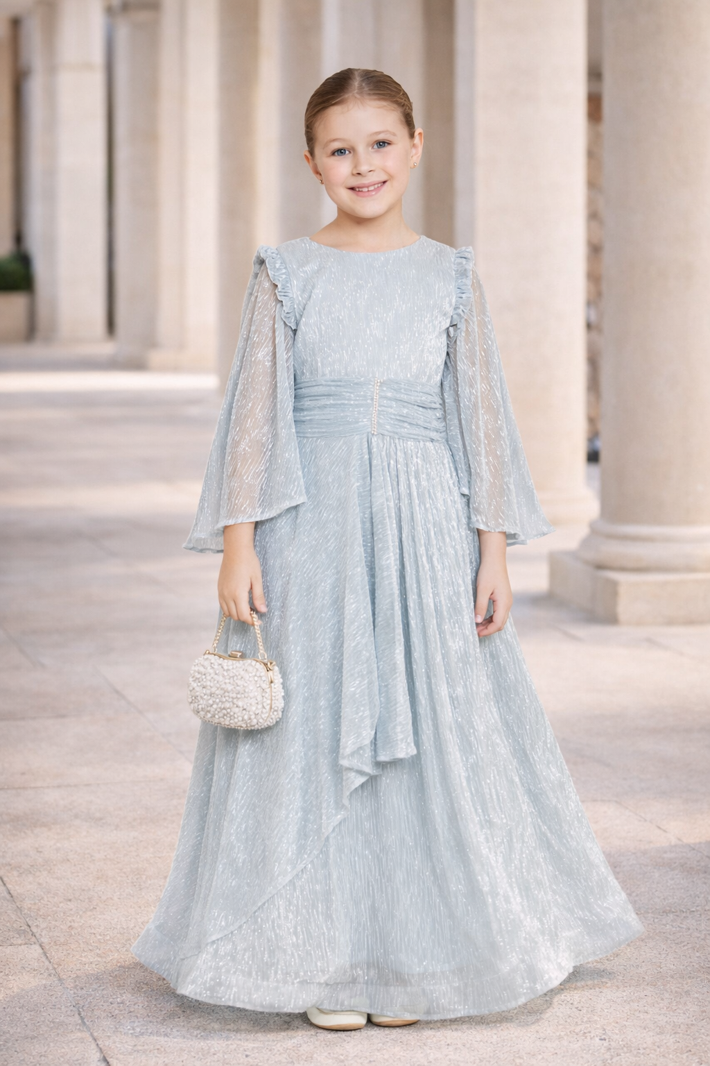 Shimmer Glow Pleated Metallic Gown