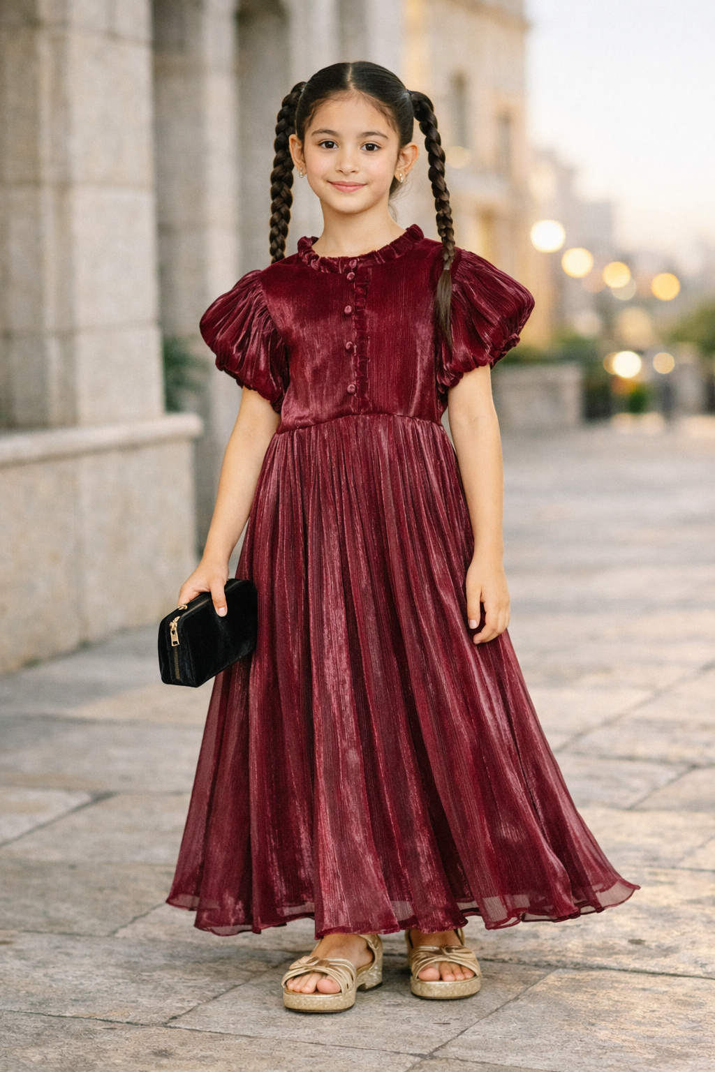 Ruffled Collar Pleated Buttoned Gown