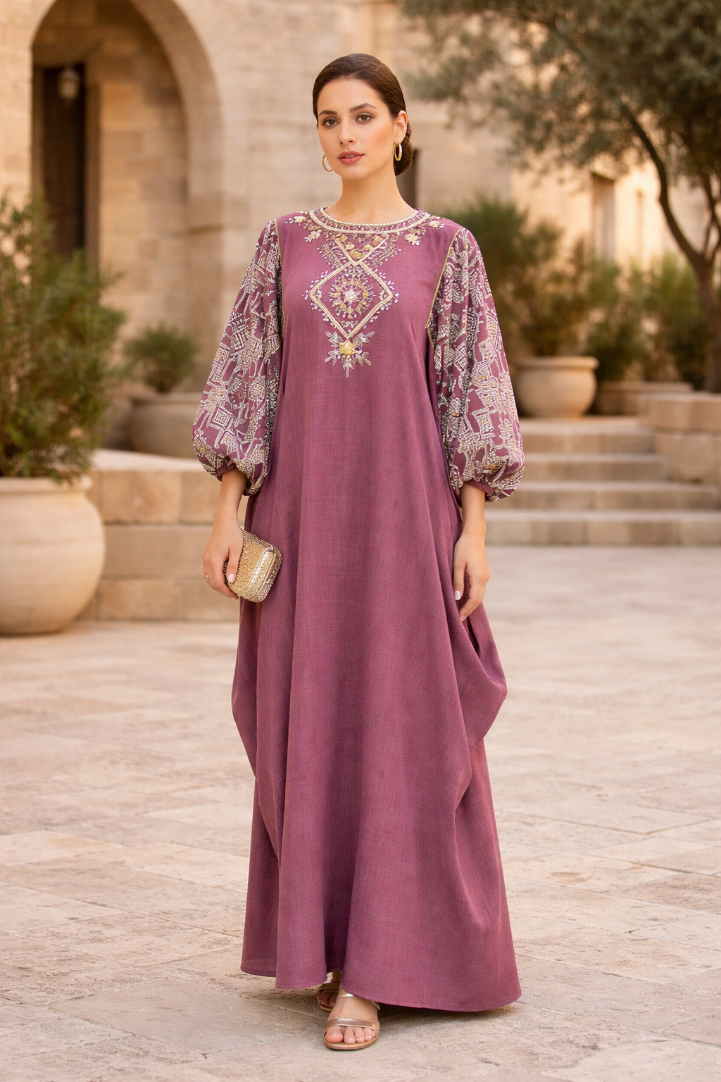 Bead Embellished Cowl Draped Kaftan Dress