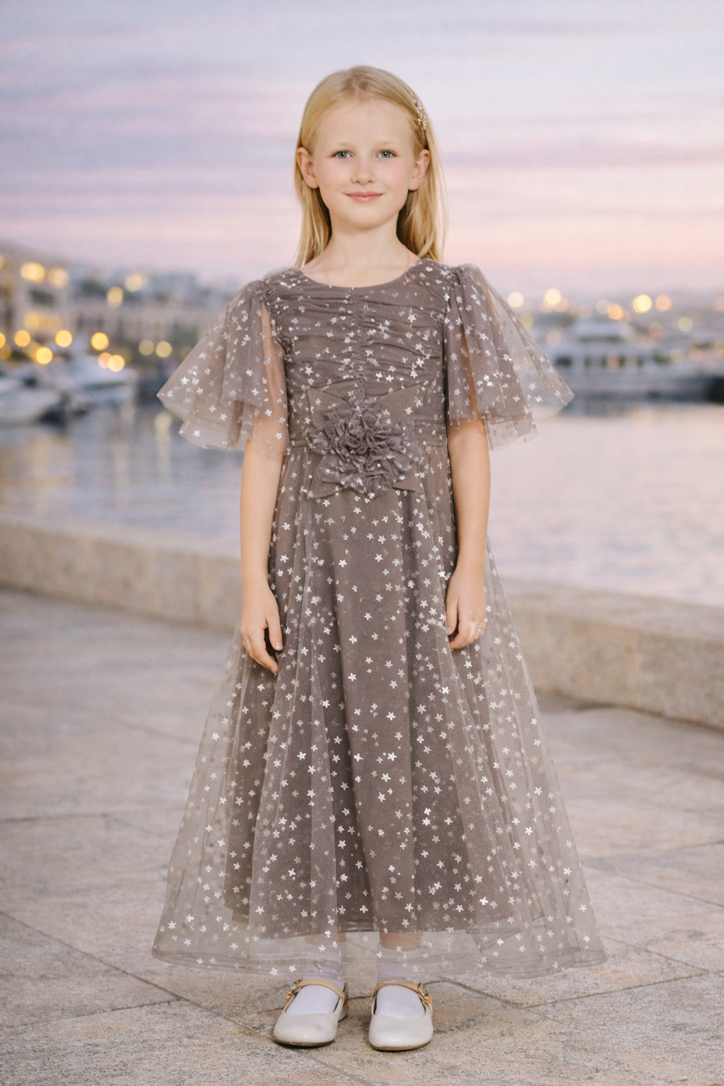 Star Embellished Flutter Sleeve Gown