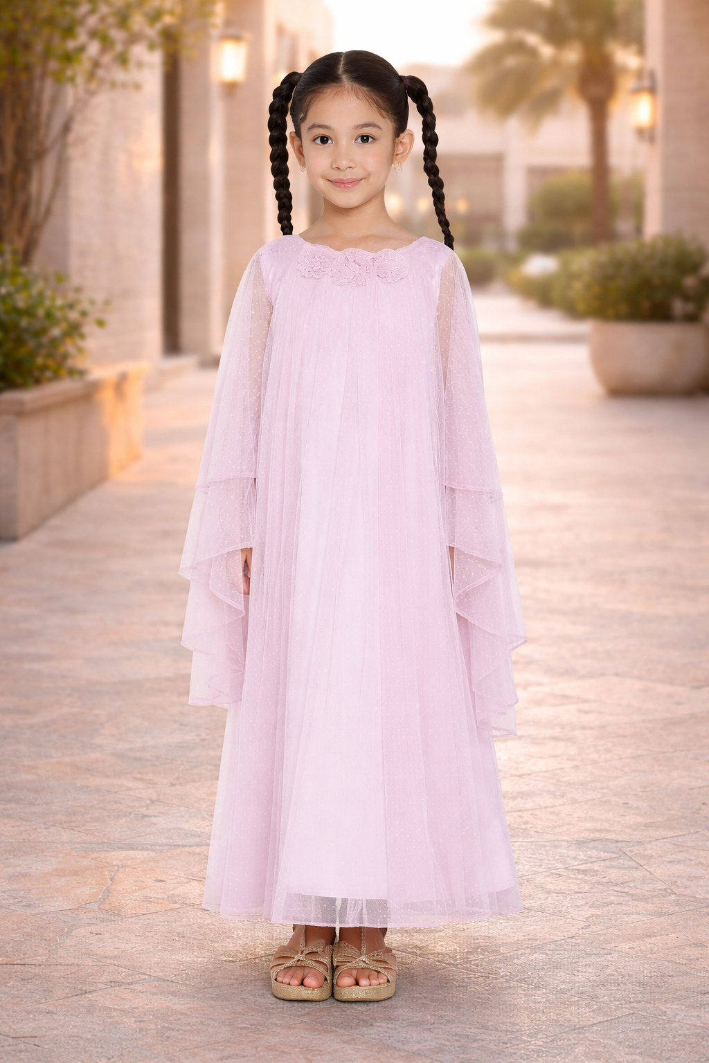 Rosette Detail Layered Dot Tulle Dress