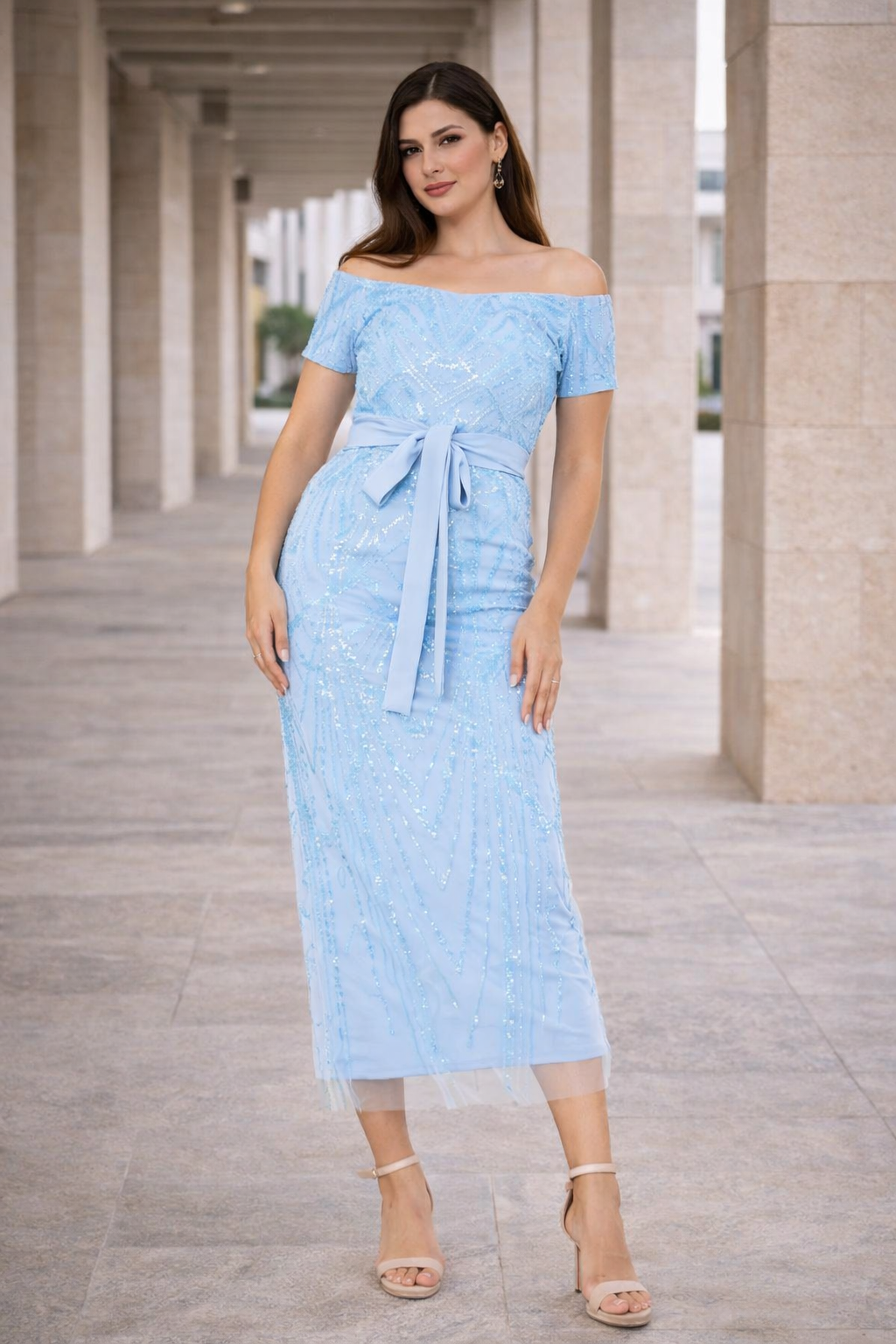 Embellished Off-The-Shoulder Midi Dress