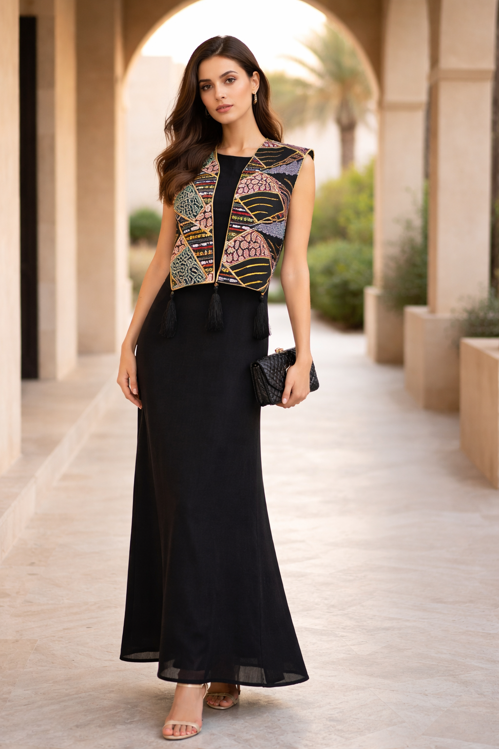 A-Line Dress With Contrast Fusion Embroidered Vest