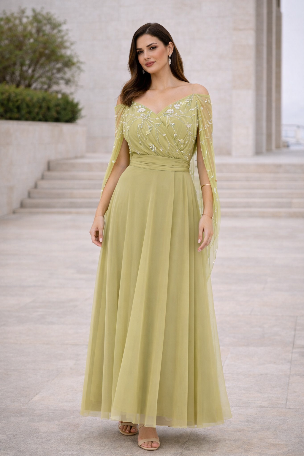 3D Floral Embellished Draped Off-The-Shoulder Gown