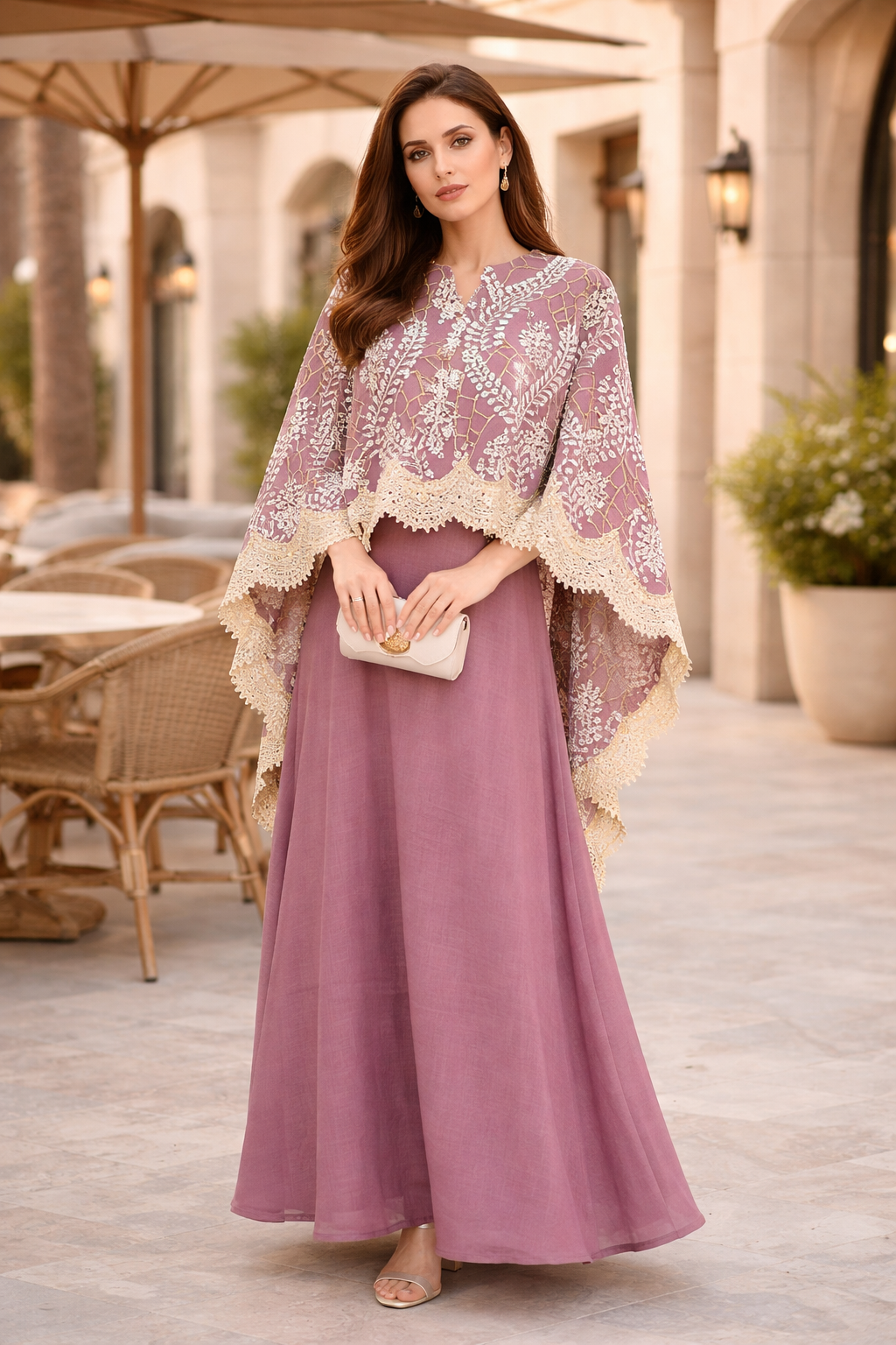 Scallop Mirror Lace Hem Embroidered Cape Dress