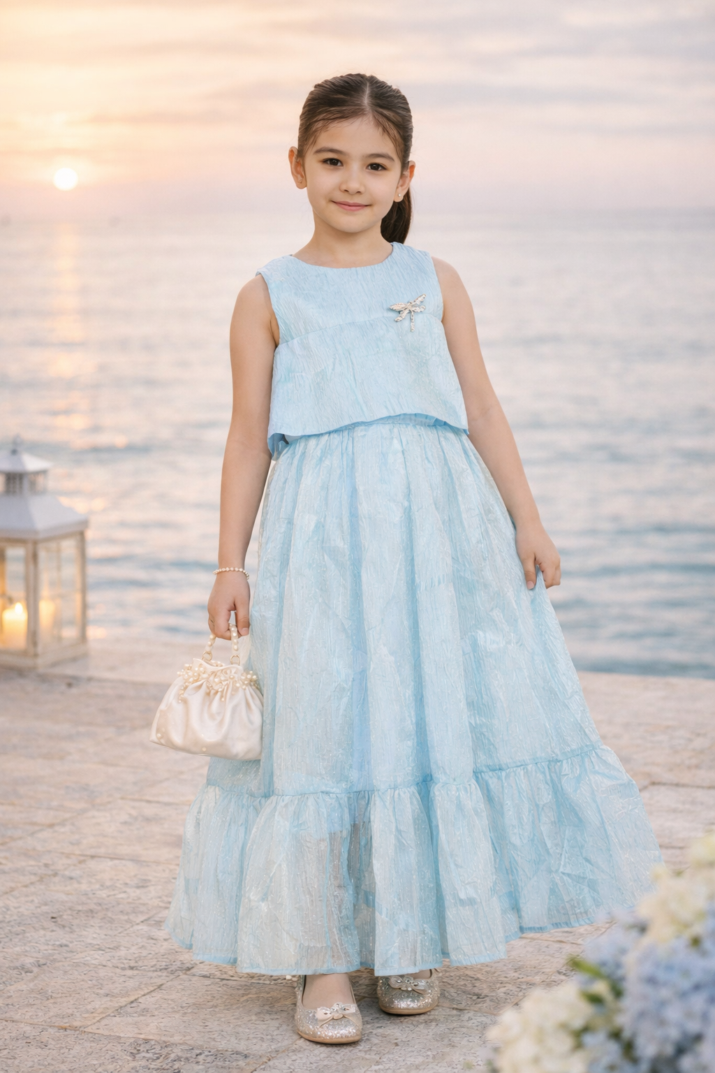 Crystal Brooch Accent Ruffle Hem Dress