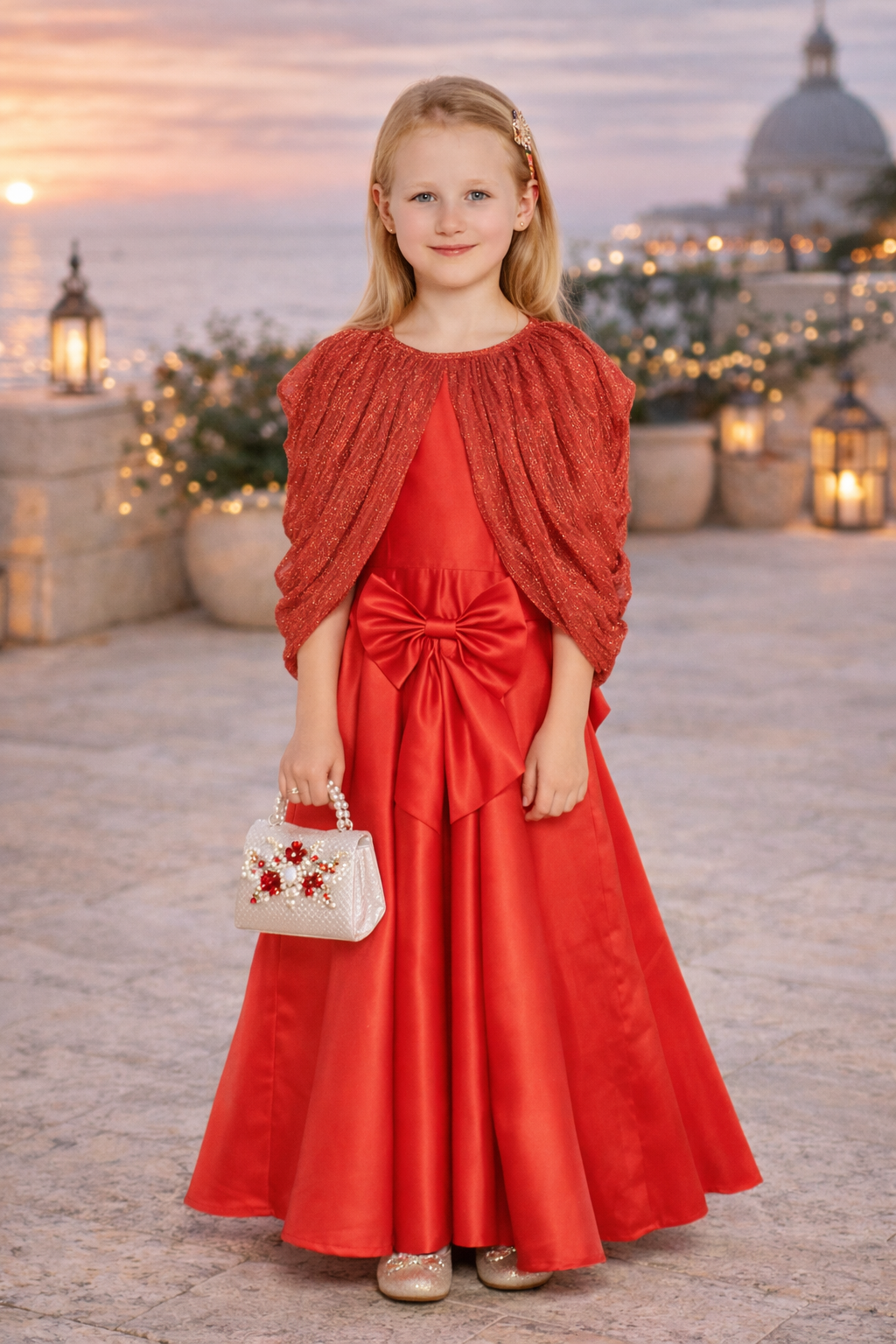 Bow Detail Draped Cape Party Dress