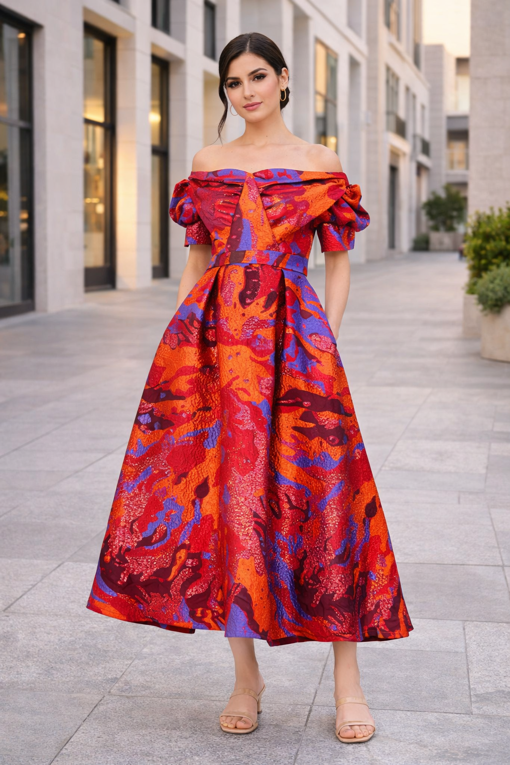 Vibrant Jacquard Off-The-Shoulder Midi Dress