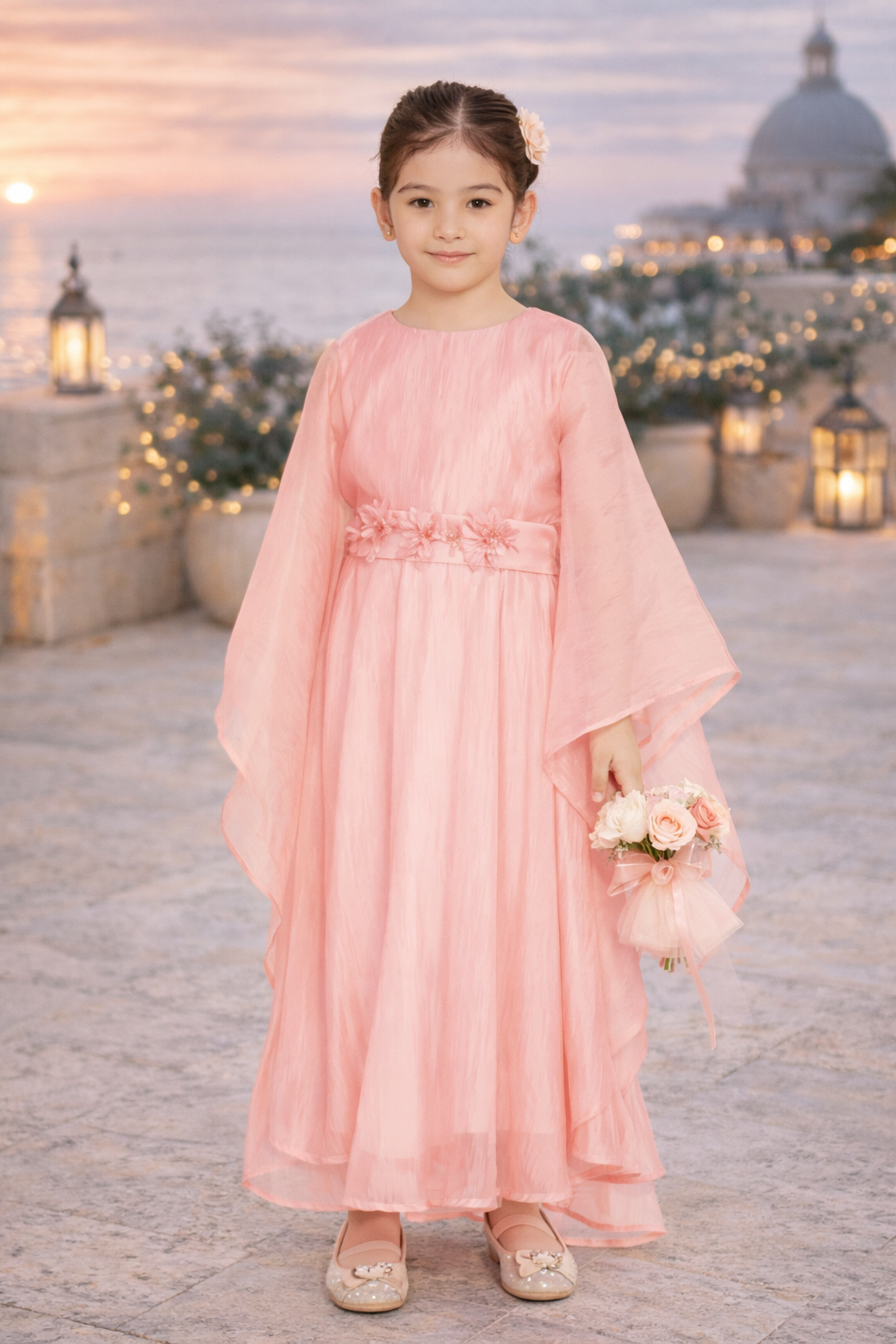 Floral Detailed-Waist Cape Dress