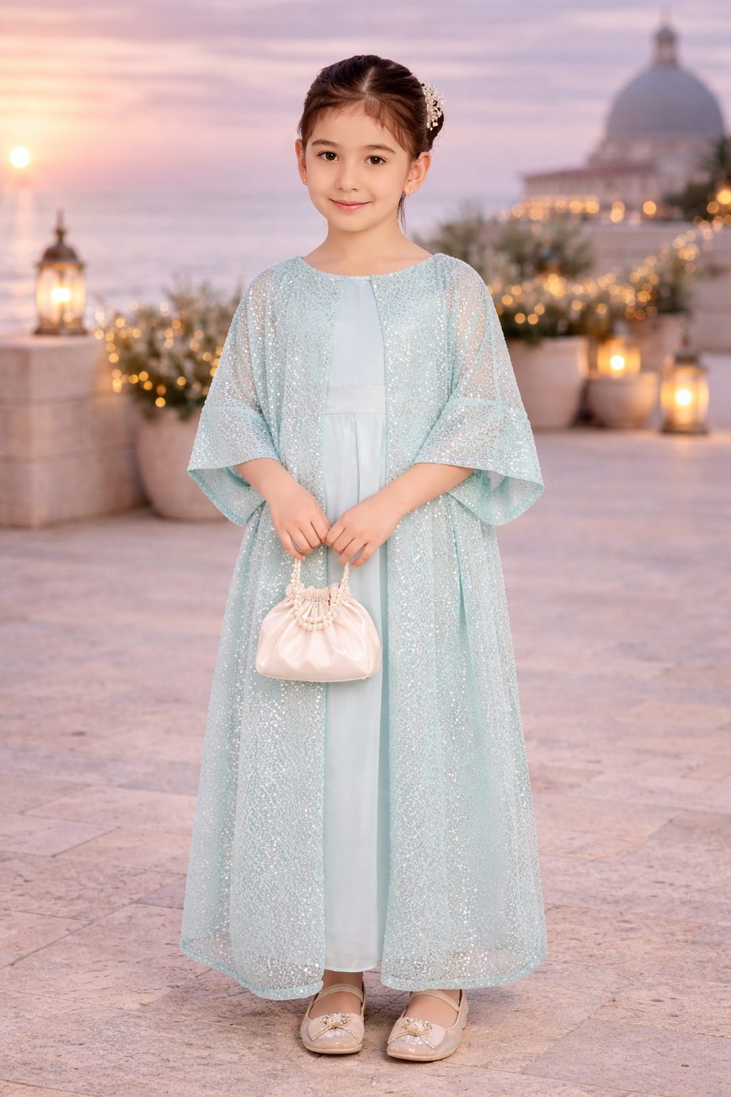 Sequin Overlay Kimono Sleeve Gown