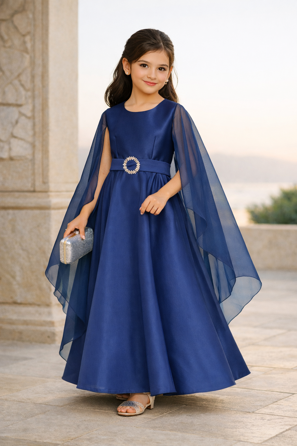 Jeweled Buckle Cape Maxi Dress