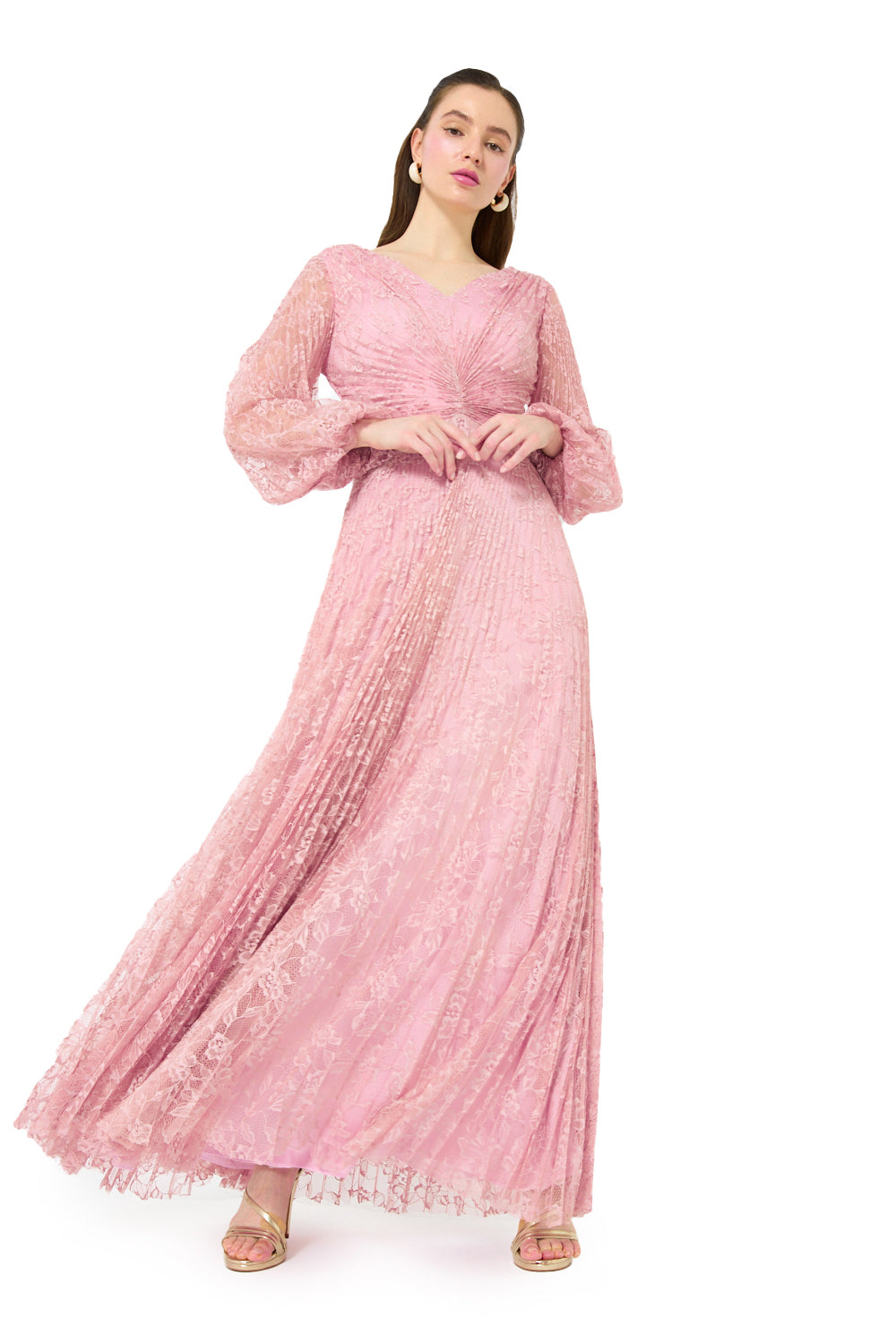 Twist Waist Pleated Lace Gown