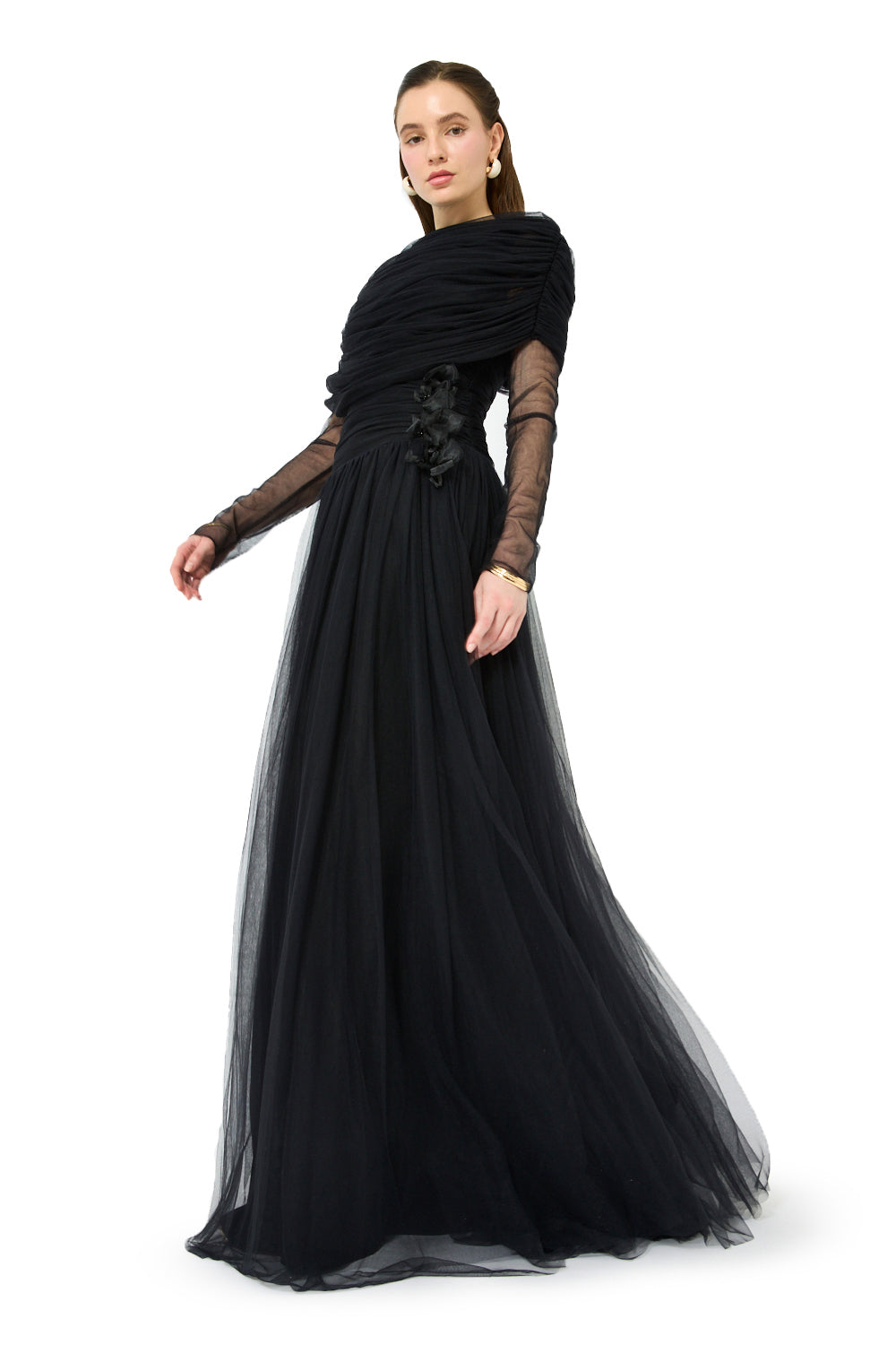 Off-Shoulder Draped Yoke Gown