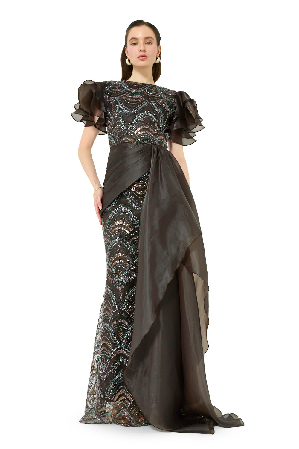Layered Sleeve Drape Gown
