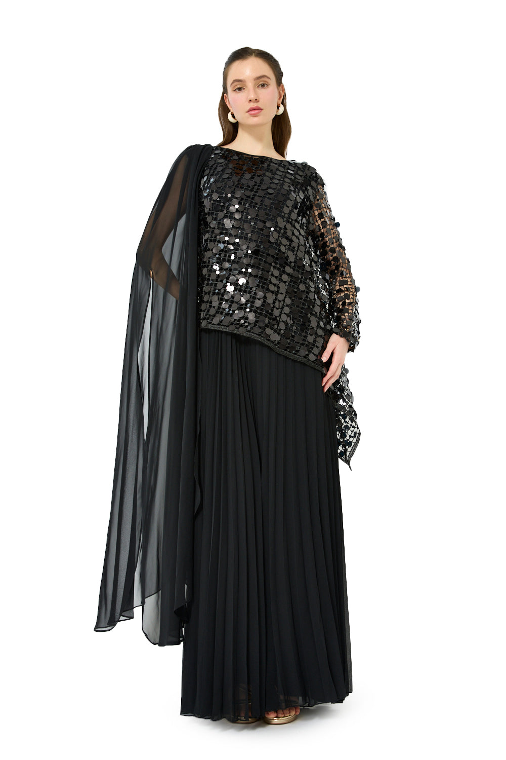 Mirror Overlay Pleated Gown