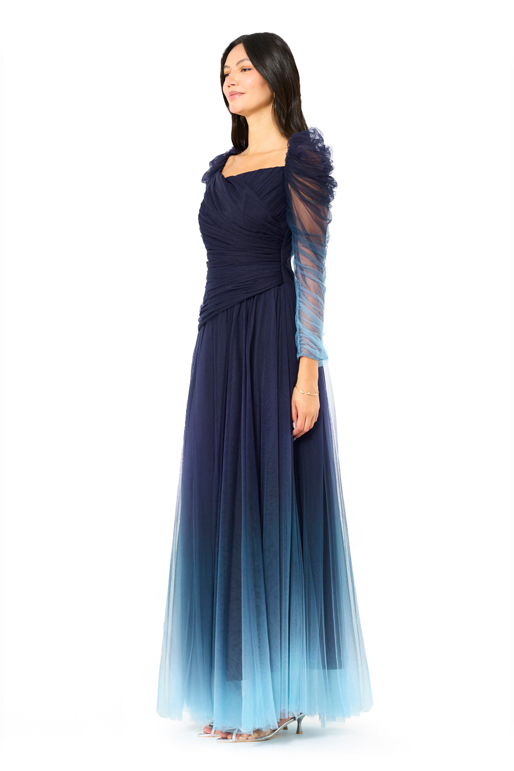 Ruched Ombre Tulle Evening Gown