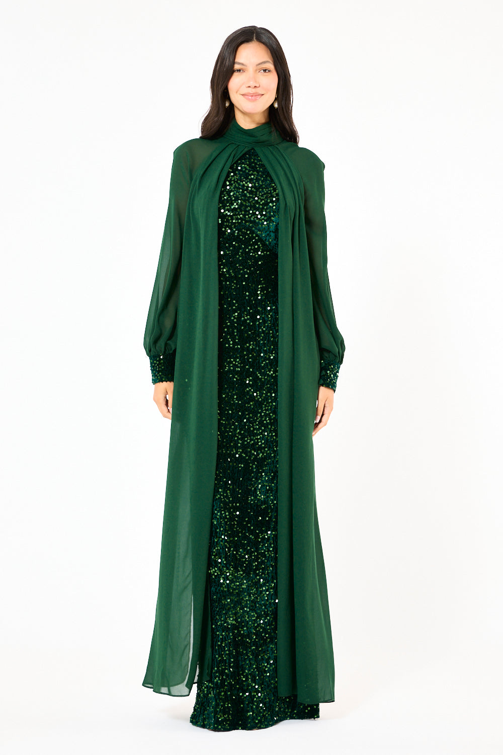 Sequin Column Gown With Sheer Overlay Cape