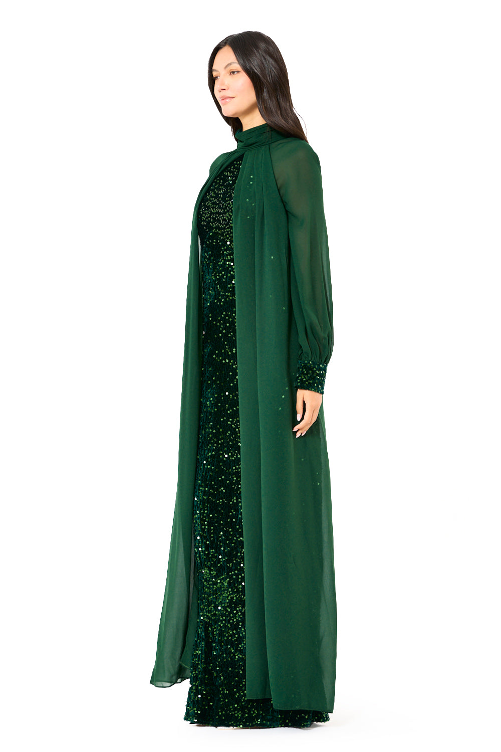Sequin Column Gown With Sheer Overlay Cape