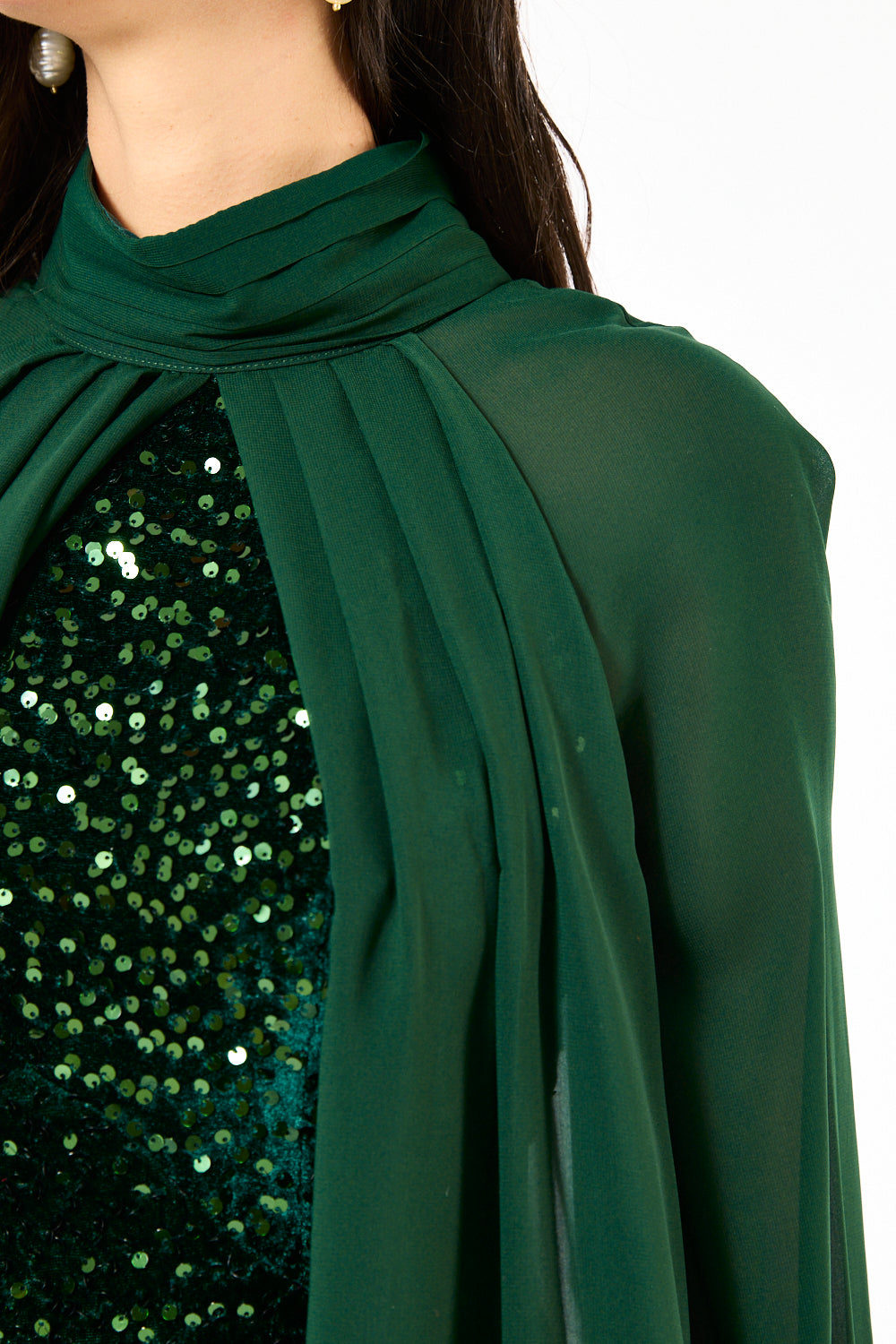 Sequin Column Gown With Sheer Overlay Cape