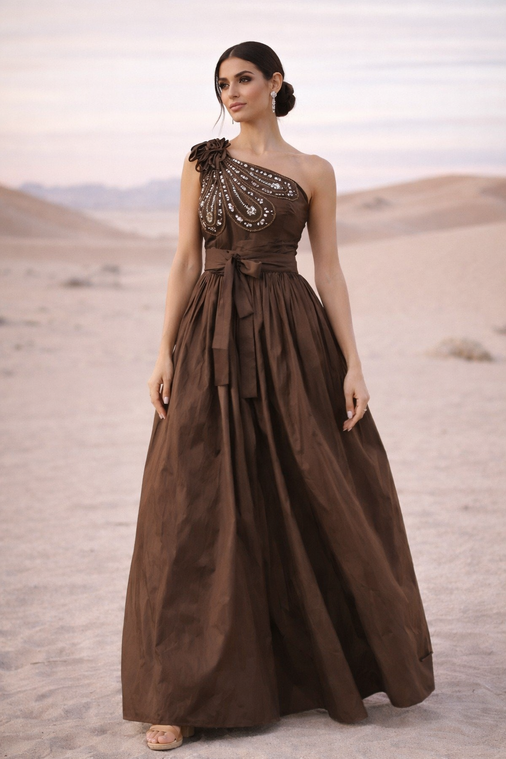 One-Shoulder Floral Accent Gown