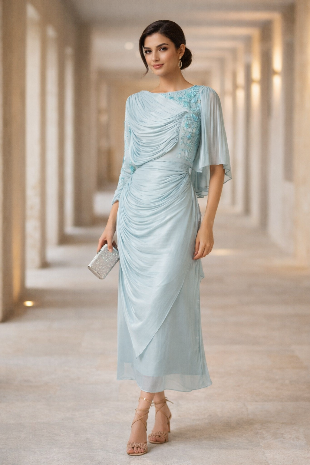 Asymmetrical Draped Embroidered Midi Dress