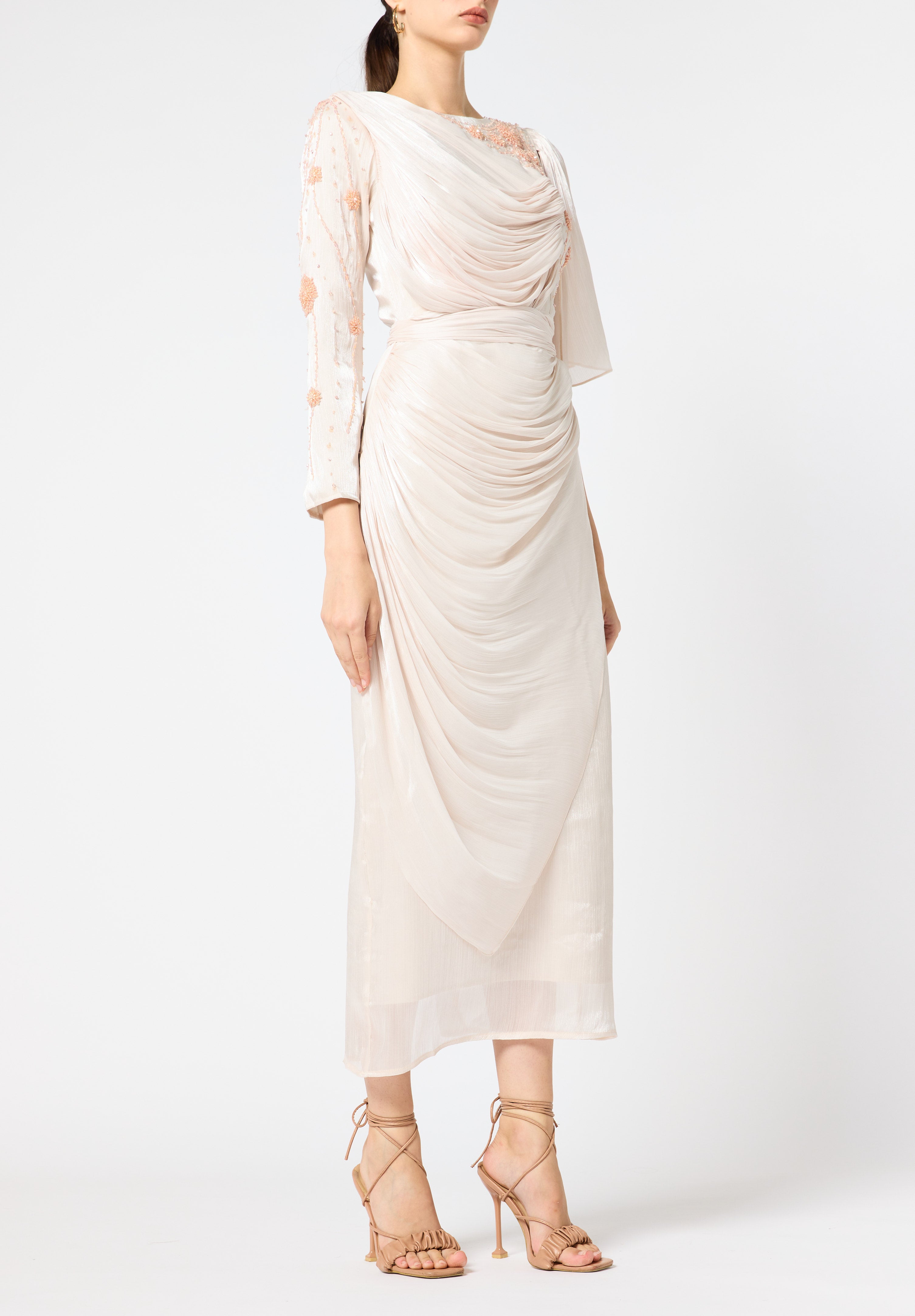 Asymmetrical Draped Embroidered Midi Dress