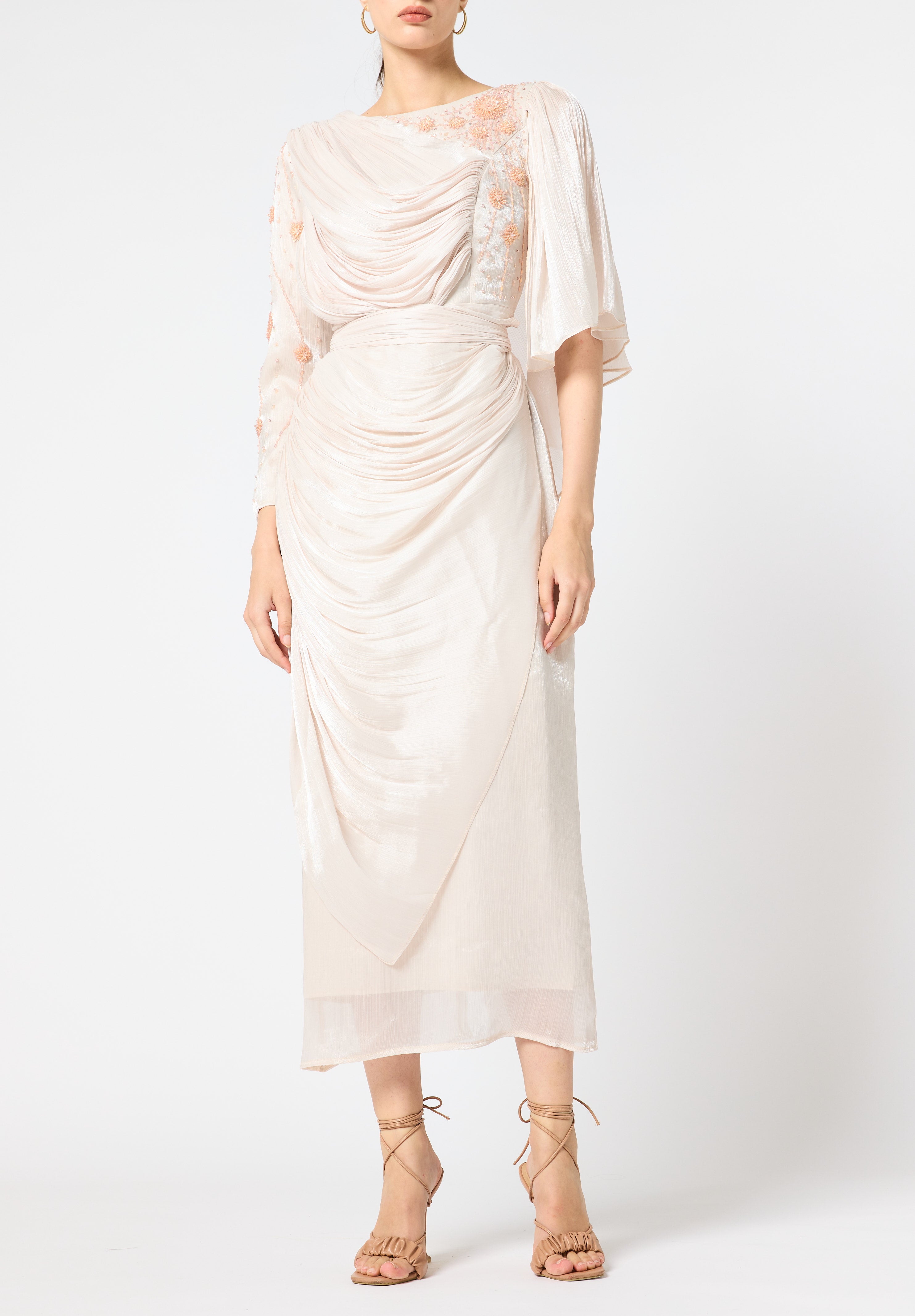 Asymmetrical Draped Embroidered Midi Dress
