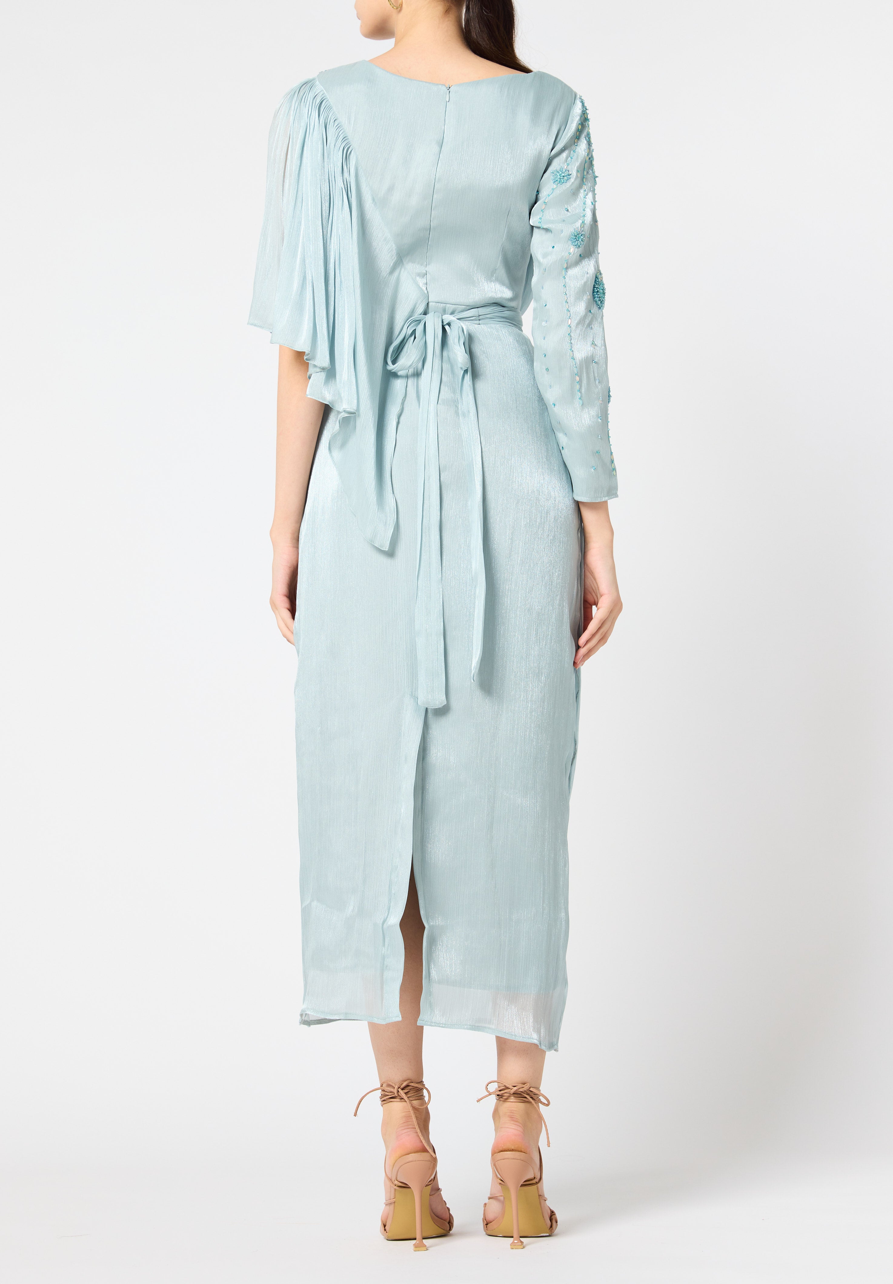 Asymmetrical Draped Embroidered Midi Dress