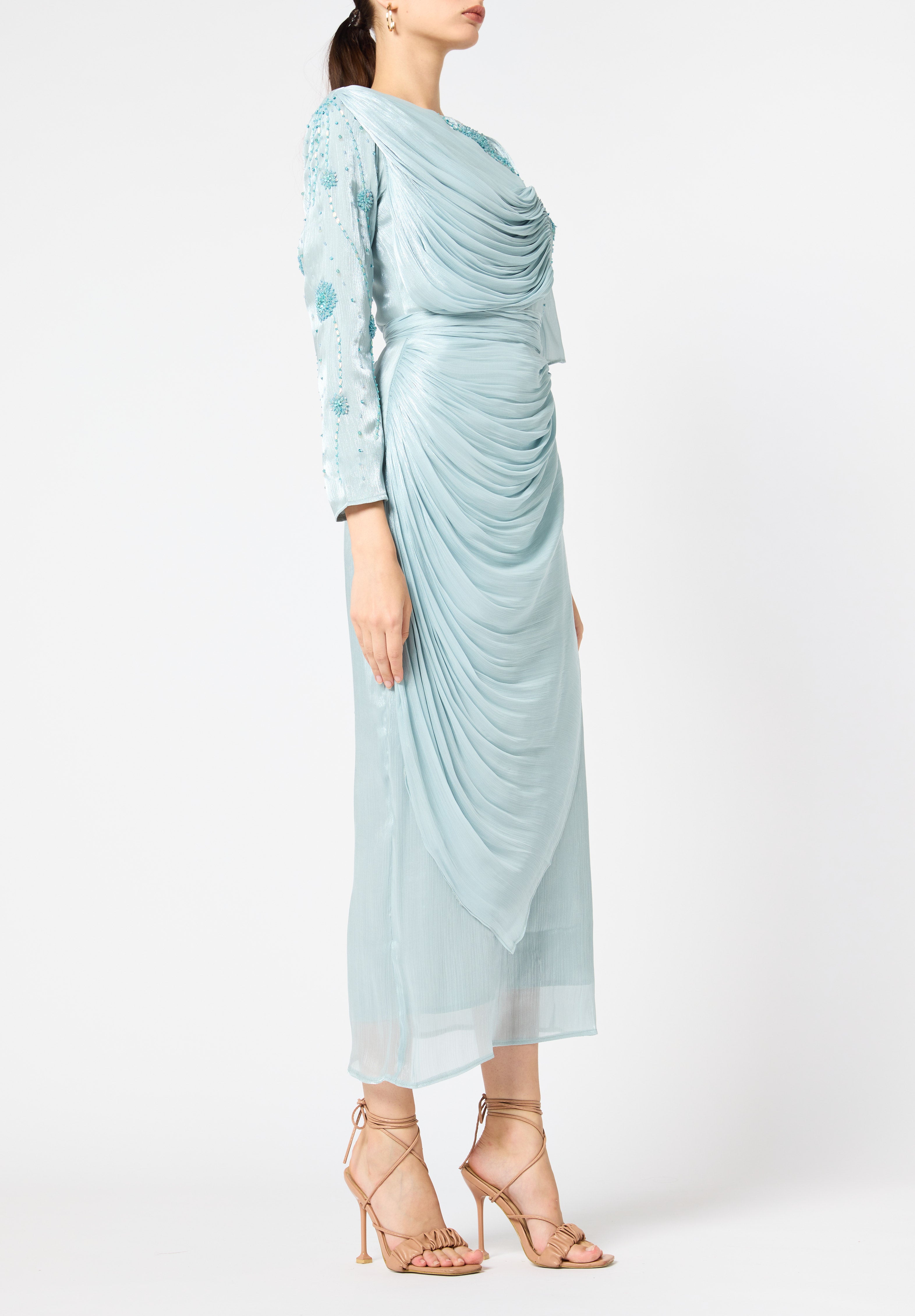 Asymmetrical Draped Embroidered Midi Dress