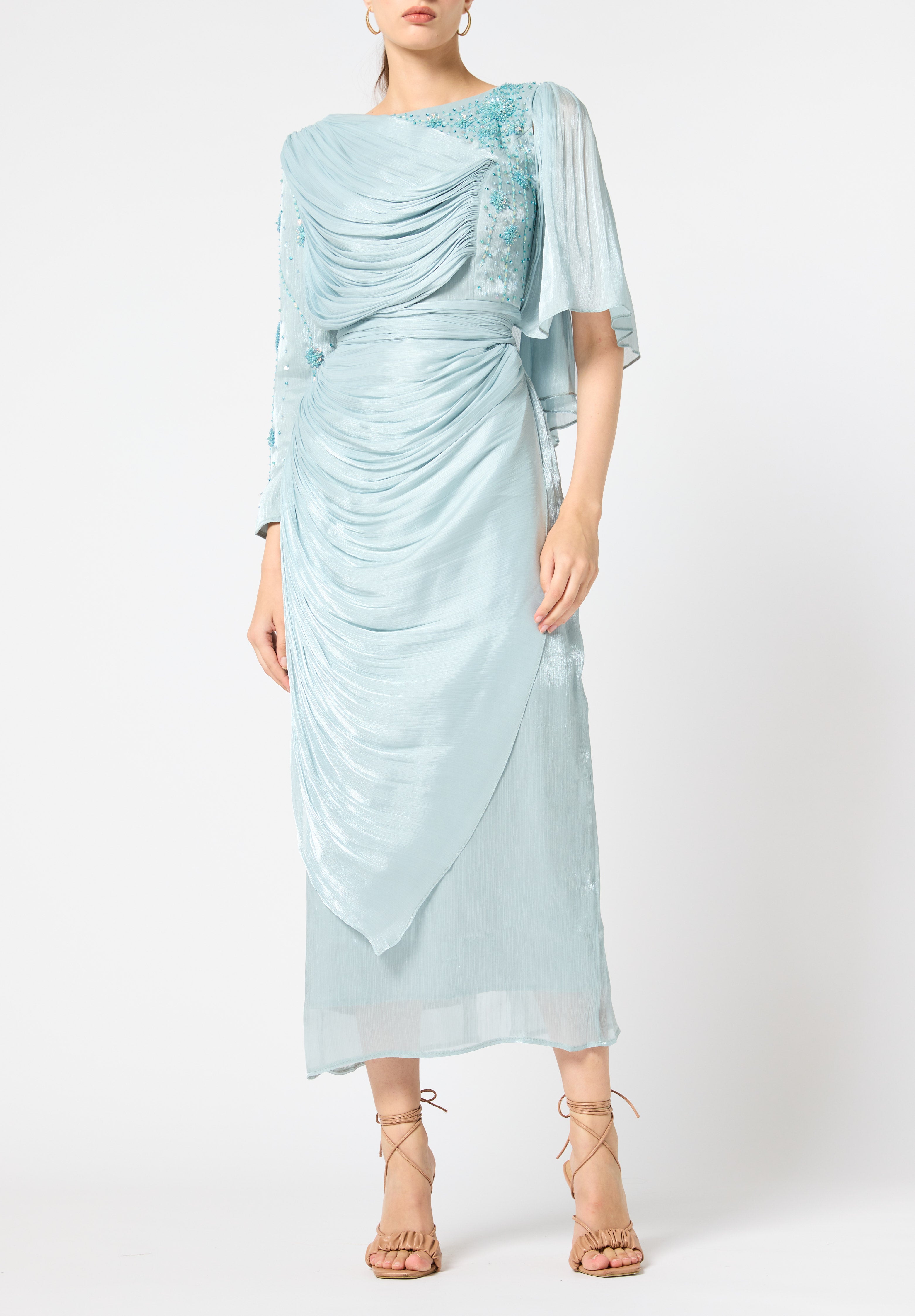 Asymmetrical Draped Embroidered Midi Dress
