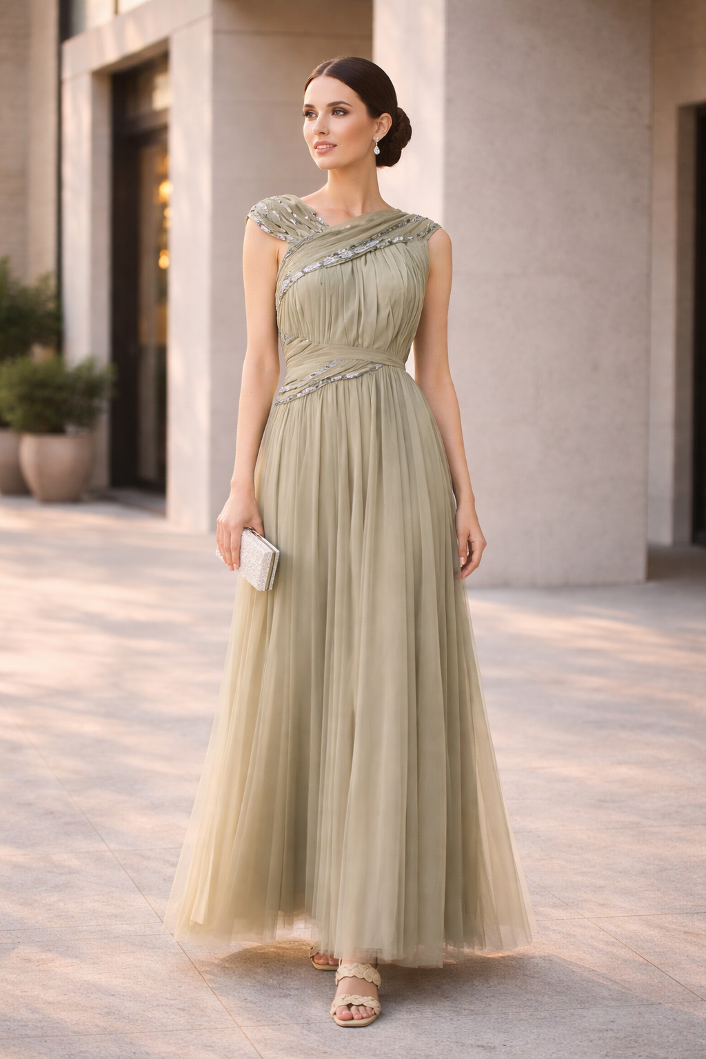 Beautiful Embroidered Tulle Dress With Drape Details On The Body And V-Neckline