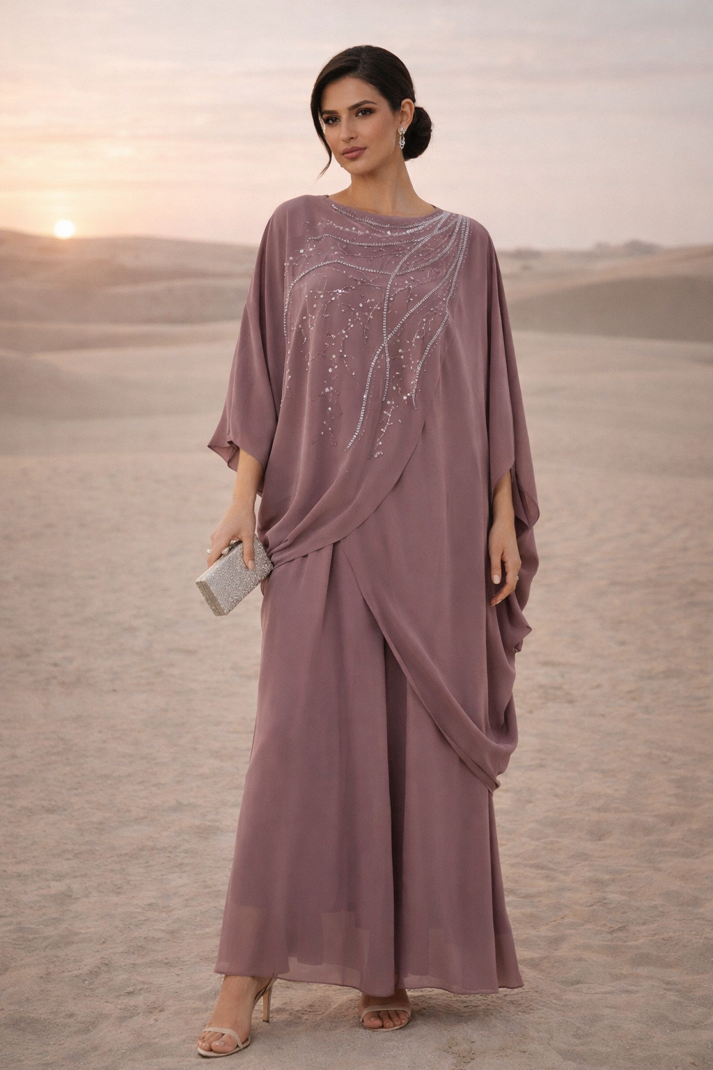 Beautiful Chiffon Draped  Dress with Embroidery Details And Long Sleeves