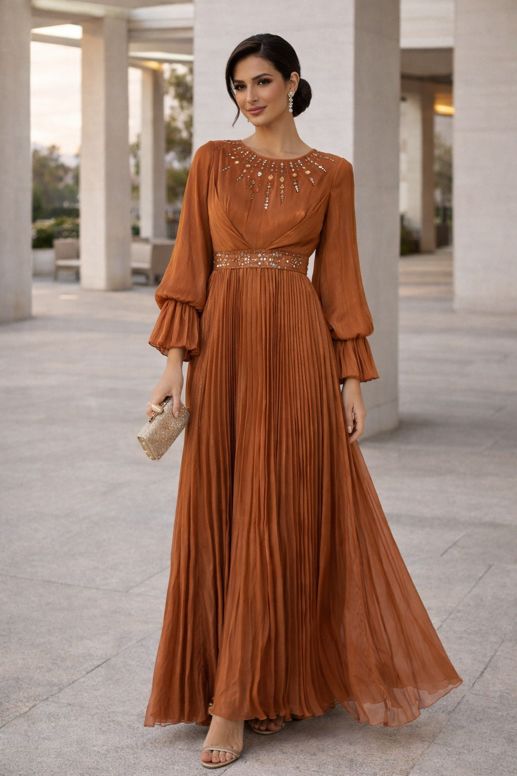 Beautiful Embroidered Pleated Long Dress with Round Neckline With Bishop Sleeves