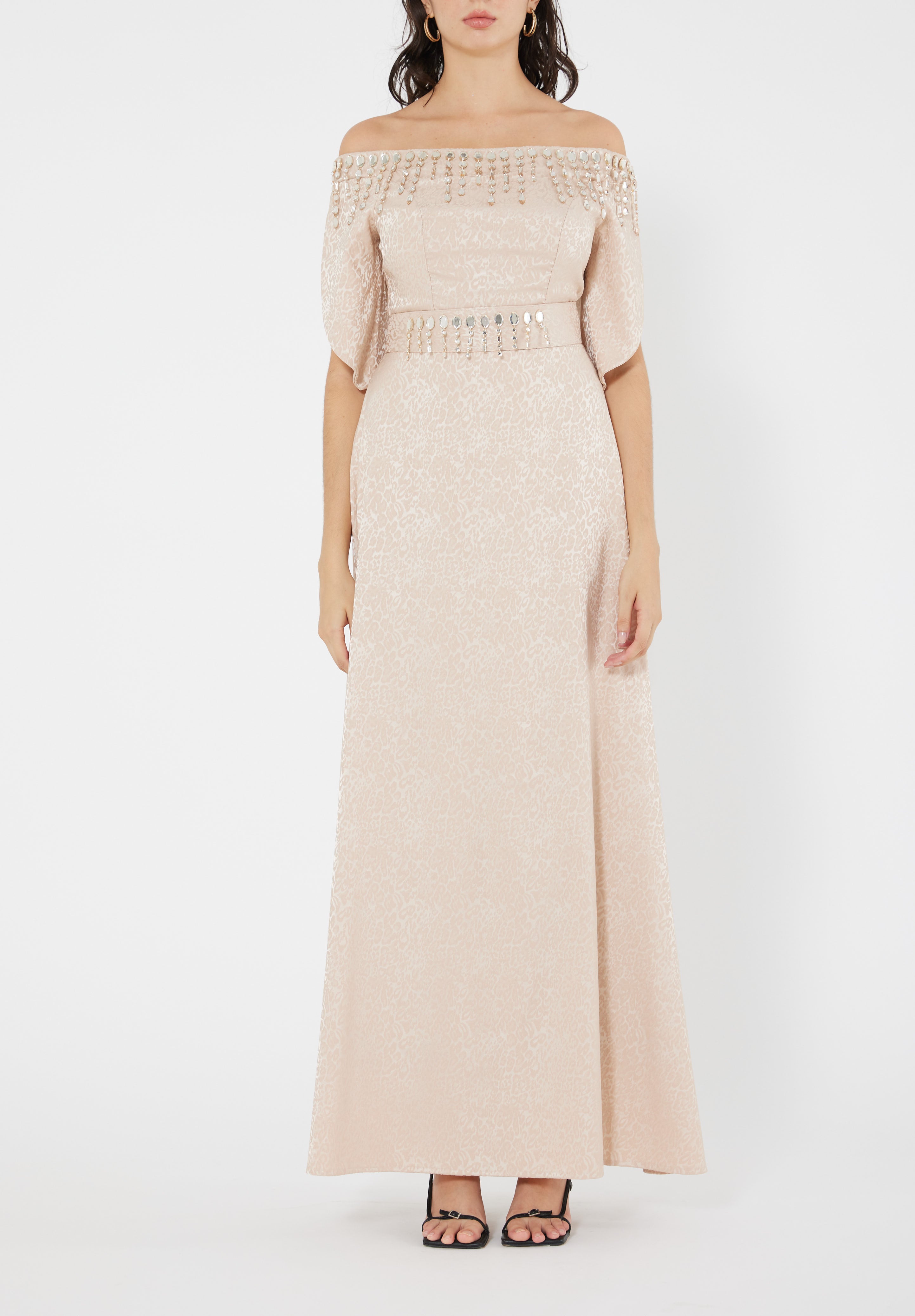 Stunning Fit And Flare Long Embroidered Dress With Off Shoulder Neckline And Half Sleeves