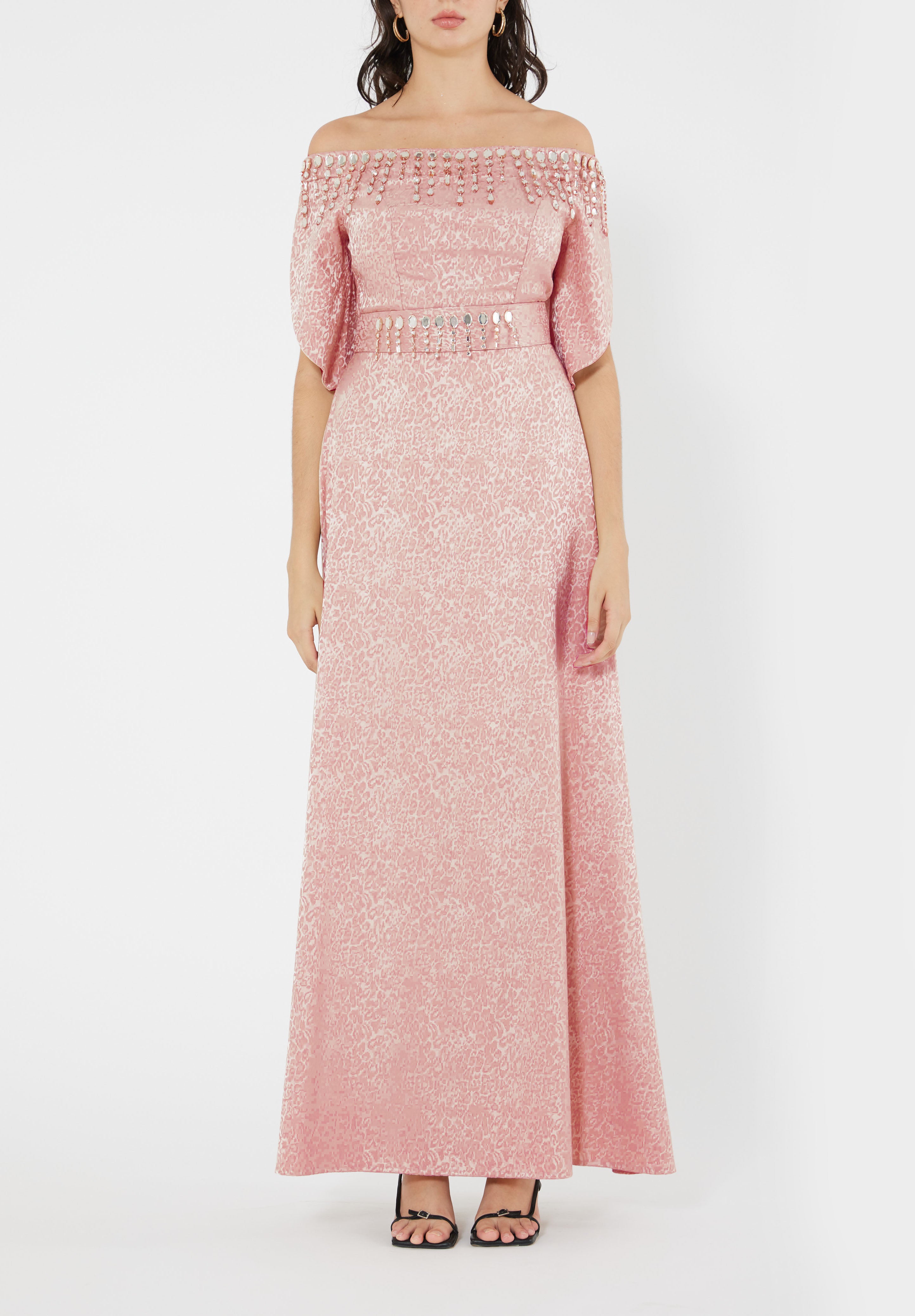 Stunning Fit And Flare Long Embroidered Dress With Off Shoulder Neckline And Half Sleeves