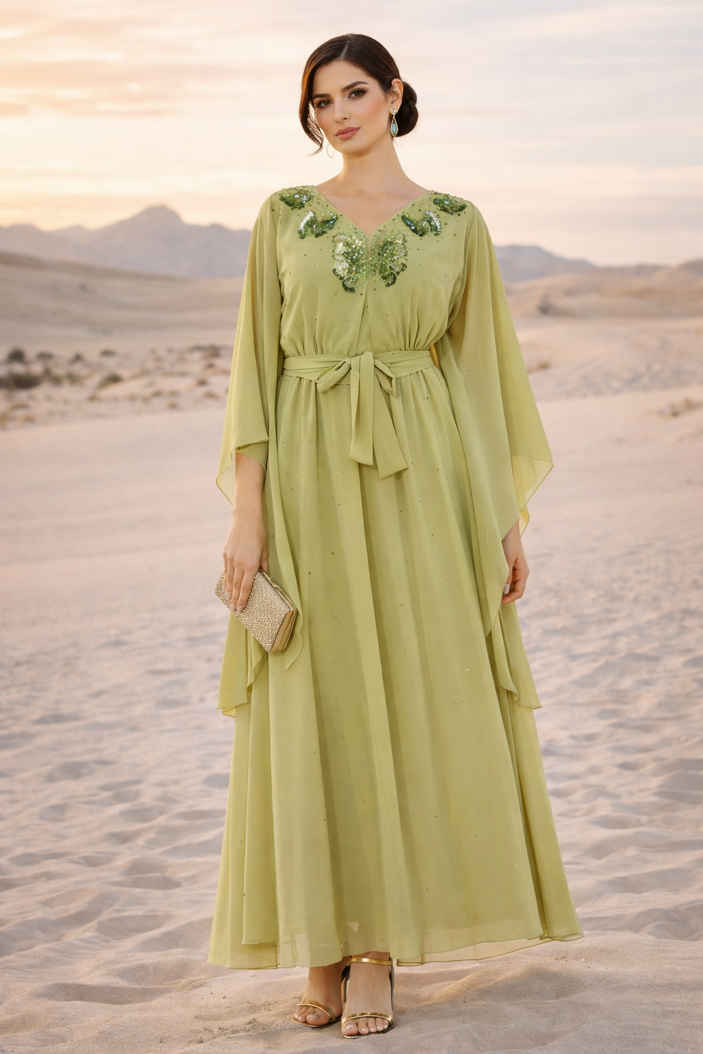 Stunning Embroidered Chiffon Loose Fit Jalabiya With V-Neckline And Flared Sleeves