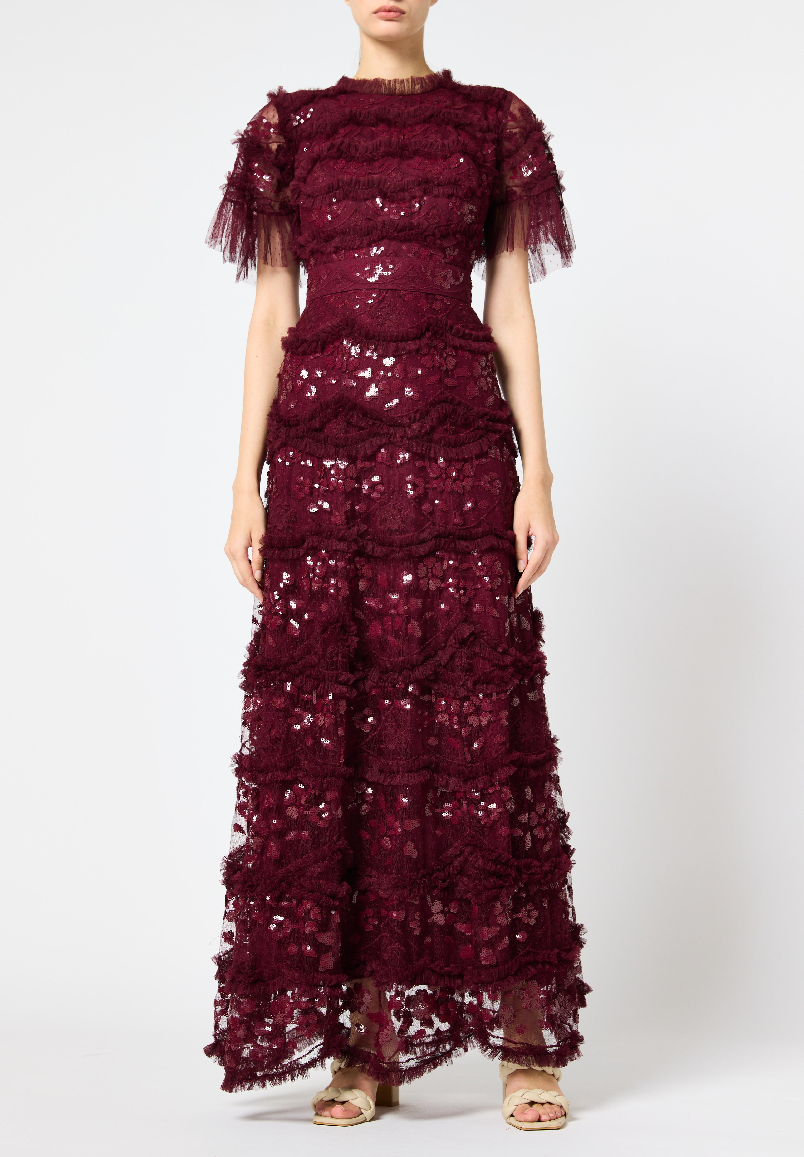 Beautiful Ruffle detailed Tulle Dress with Round Neckline And Short Sleeves