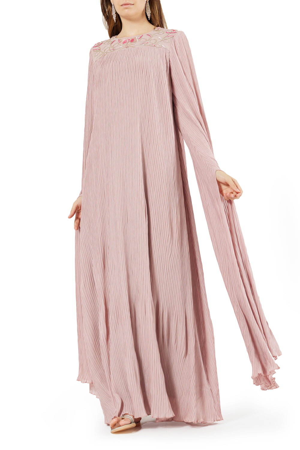 Pleated Flowing Embroidered Yoke Dress