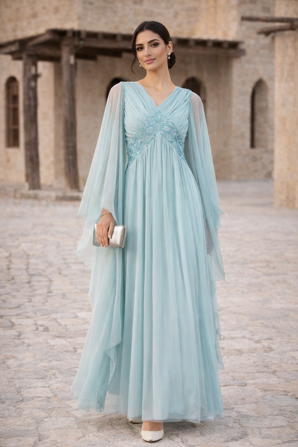 Ethereal Cape Pleated Gown