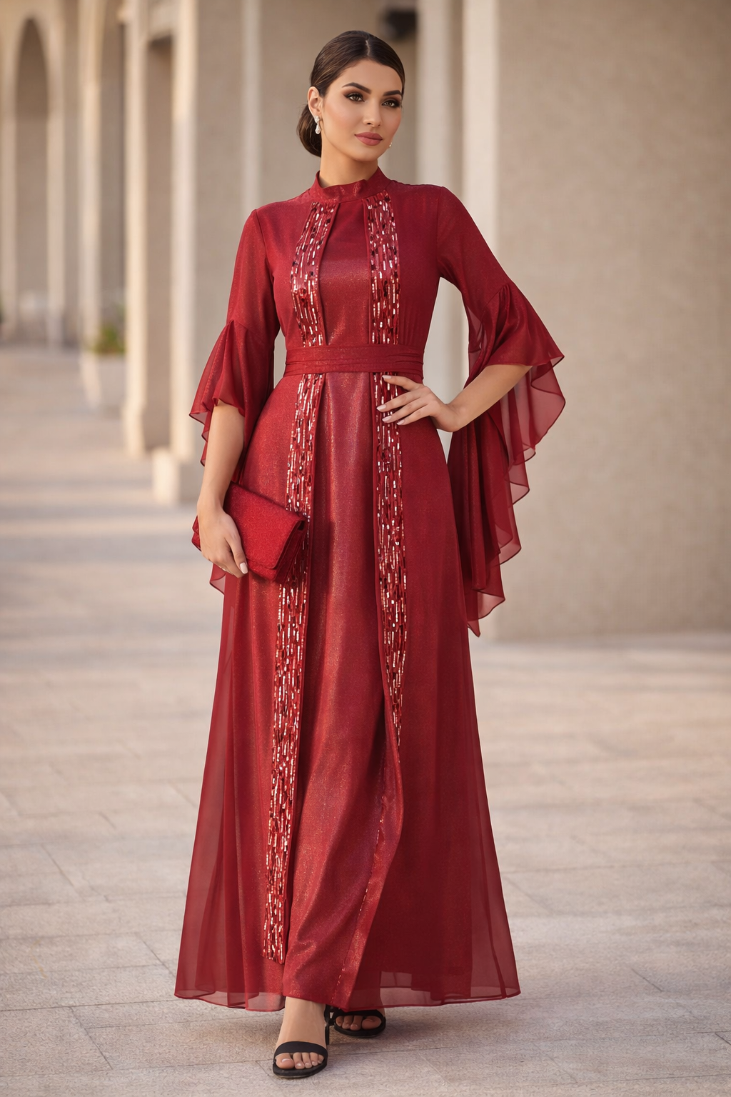 Sequined Panel Cascading Sleeve Dress