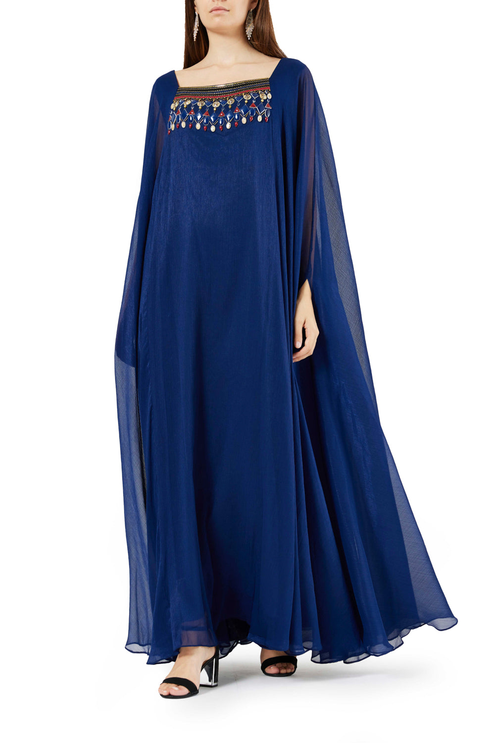 Embroidered Square-Neck Flowing Dress